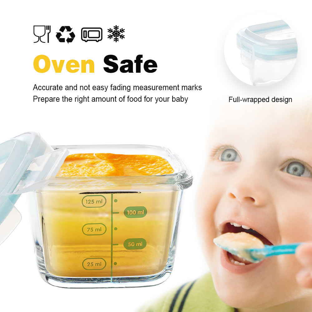 Delight King 4-Piece Baby Food Container Set - BPA & Lead-Free, High Borosilicate Glass Meal Prep Containers with Leak-Proof PP Lids, Freezer, Oven & Microwave Safe, Clear Measurement Markings, 5.4oz