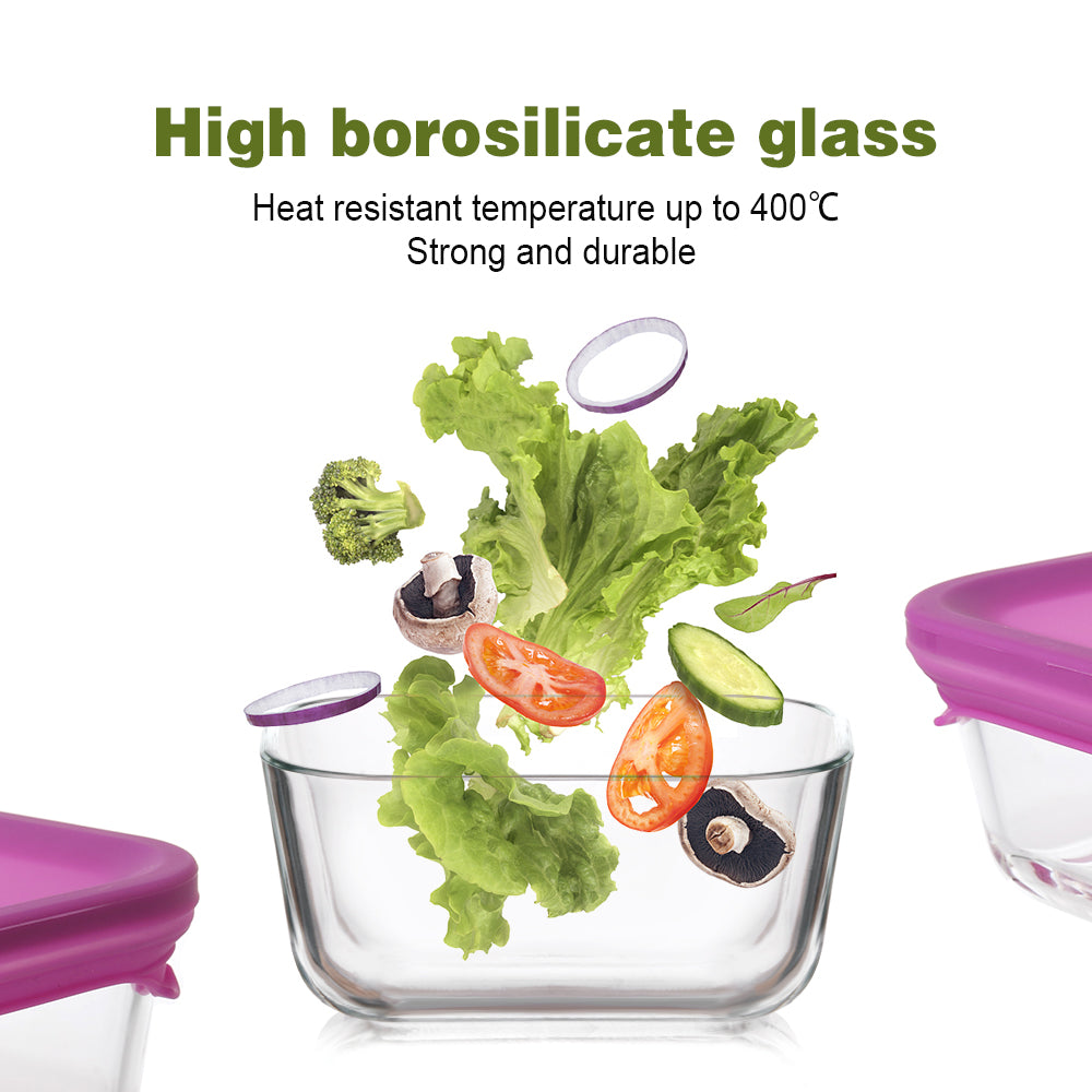 Delight King Glass Food Storage Containers – 2-Piece Flexible Silicone Lids Food Containers – Microwave Safe Borosilicate Glass Storage Containers with Lids – Leakproof and BPA Free