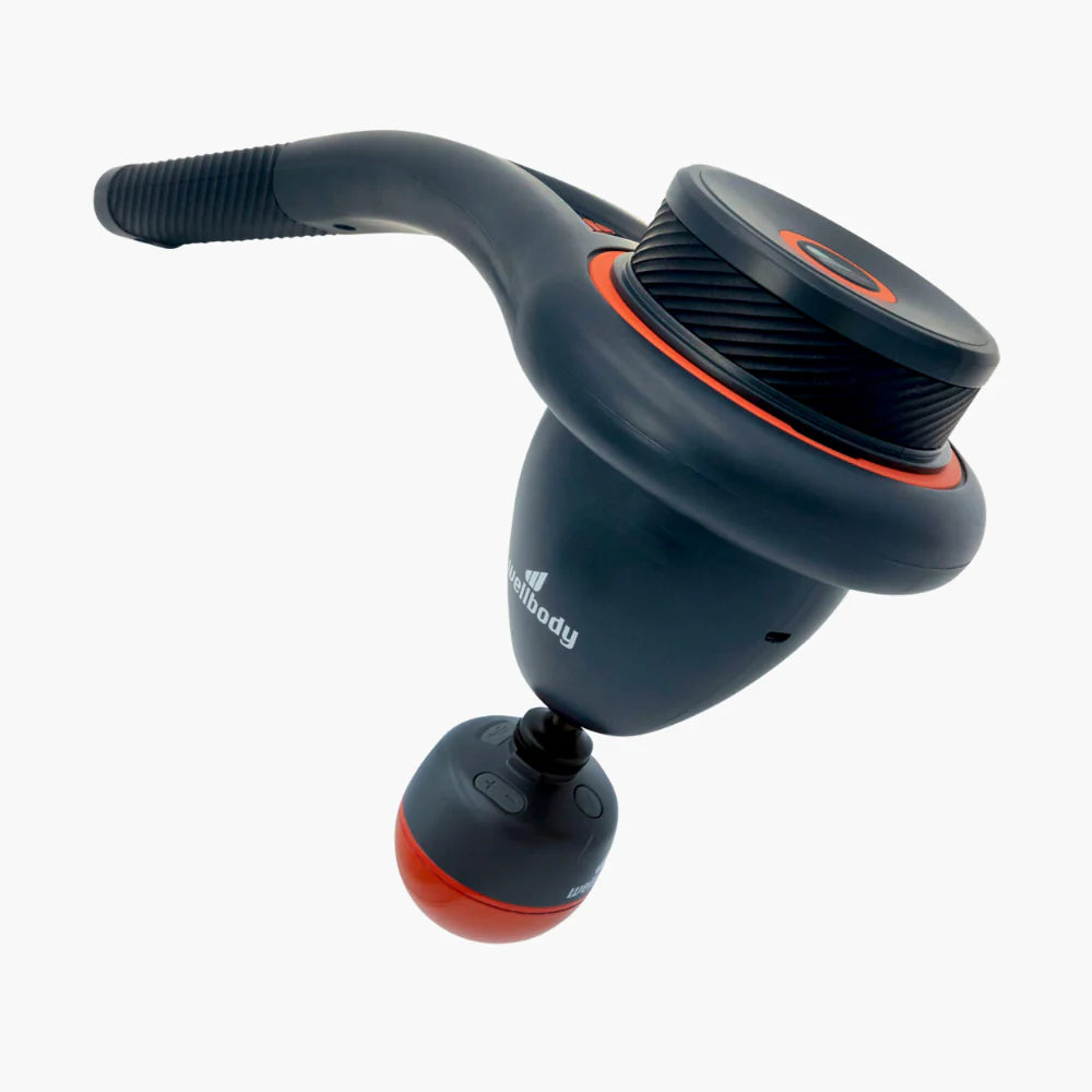 WellBody® WingSpan, a mini percussion massage device with HeatBall, detacheable extended handle, performance carry bag and 3 tip options.