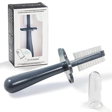 Grabease Double-Sided Toothbrush for Babies and Toddlers With Free Silicone Baby Finger Brush, Gray
