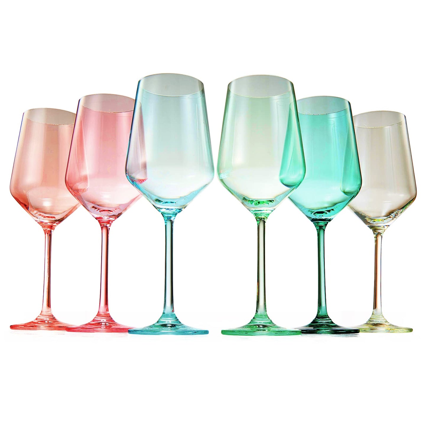 Colored Crystal Wine Glass Set of 6, Gift For Mothers Day, Her, Wife, Mom Friend - Large 12 oz Glasses, Unique Italian Style Tall Drinkware - Red & White, Dinner, Beautiful Glassware - (Summer)