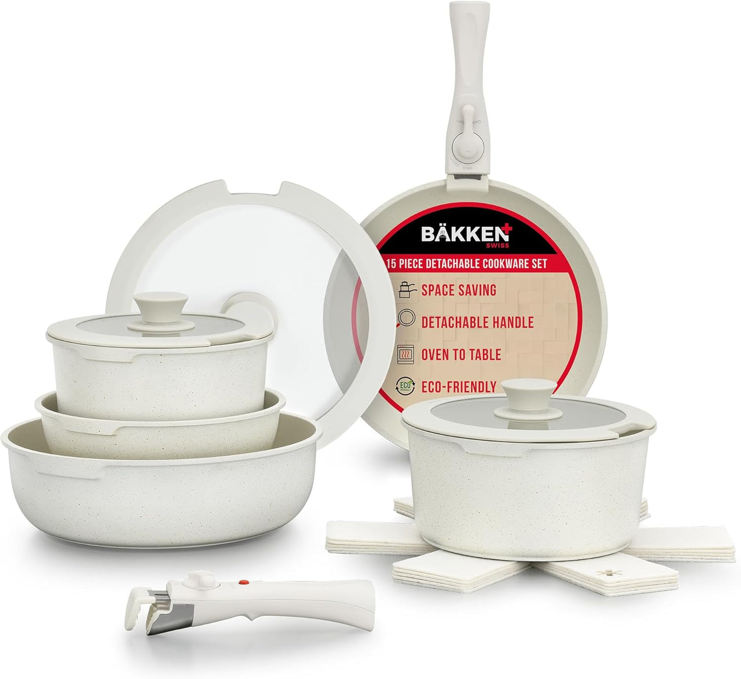 Bakken-Swiss Detachable 15-Piece Cookware Set – Granite Non-Stick – Eco-Friendly – stackable Removable Handles – for All Stoves & Oven-Safe - Cream Marble coating