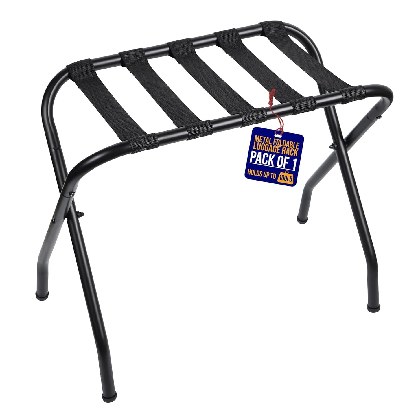Lifemaster Metal Luggage Rack - Pack of 1 Foldable, Easy Assembly, Space Saving, and Stylish Steel Frame Guest Suitcase Stands with Nylon Straps - Black