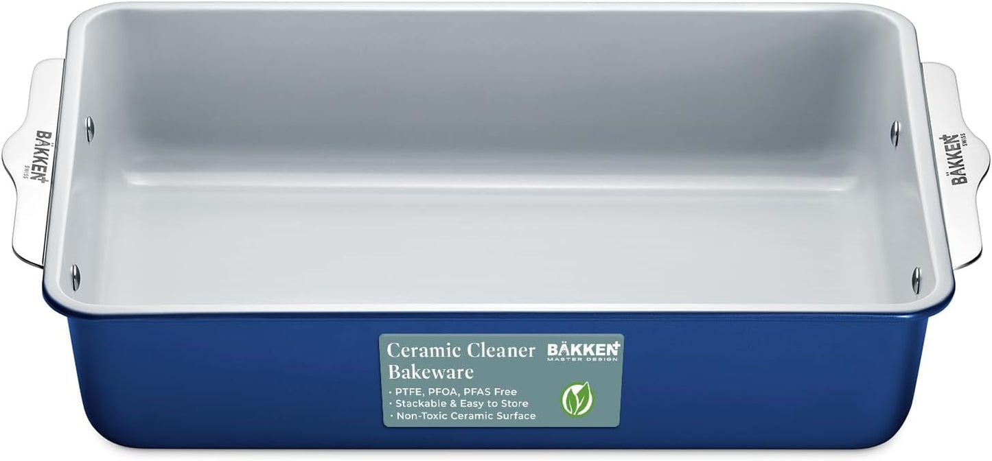 Premium Non-Stick Ceramic 8"x15.5" Rectangle Pan - Aluminized Steel with Ceramic Non-Stick Coating, PFOA & PFAS Free - Non-Toxic, Perfect for Lasagnas, Brownies, and More - Blue