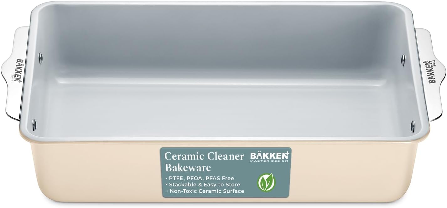 Premium Non-Stick Ceramic 8"x15.5" Rectangle Pan - Aluminized Steel with Ceramic Non-Stick Coating, PFOA & PFAS Free - Non-Toxic, Perfect for Lasagnas, Brownies, and More - Cream