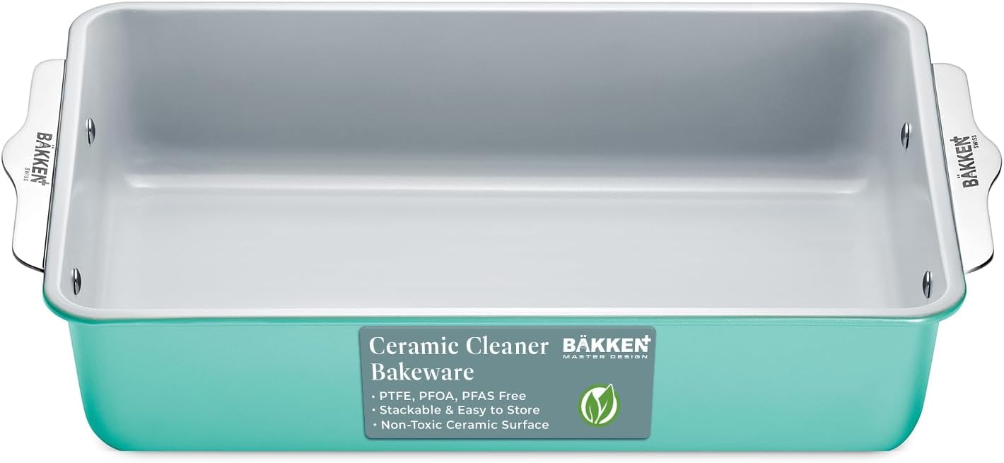 Premium Non-Stick Ceramic 8"x15.5" Rectangle Pan - Aluminized Steel with Ceramic Non-Stick Coating, PFOA & PFAS Free - Non-Toxic, Perfect for Lasagnas, Brownies, and More - Teal'.