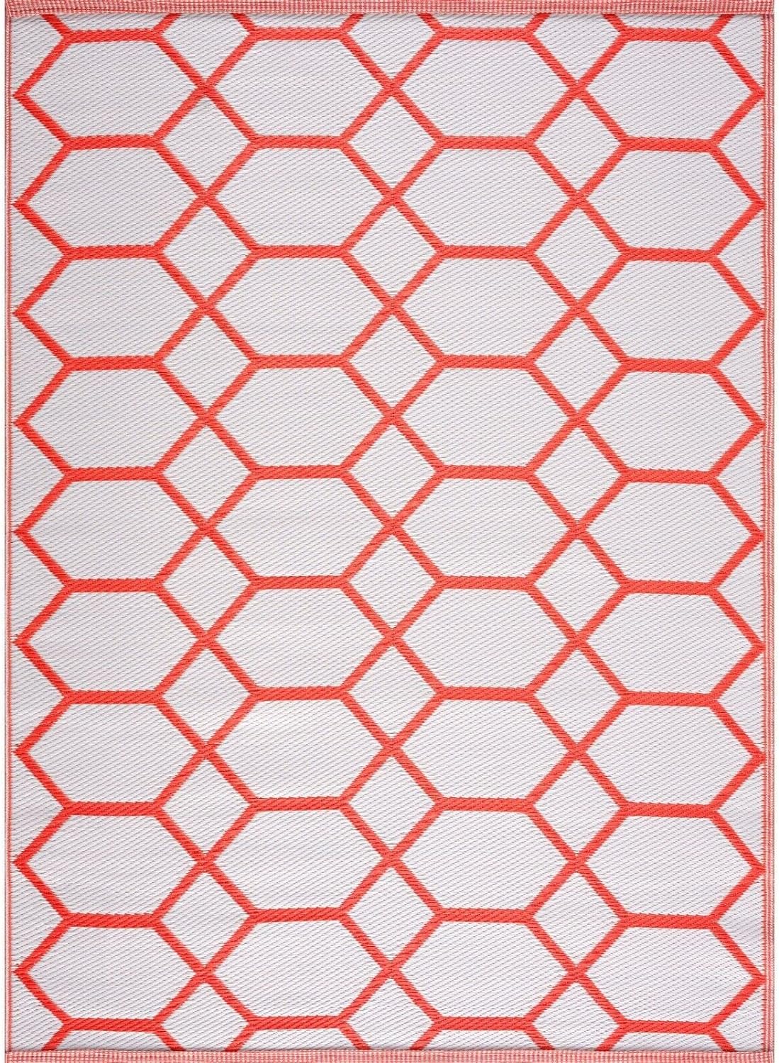 Playa Outdoor Rug - Crease-Free Recycled Plastic Floor Mat for Patio, Camping, Beach, Balcony, Porch, Deck - Weather, Water, Stain, Lightweight, Fade and UV Resistant - Miami- Orange & White
