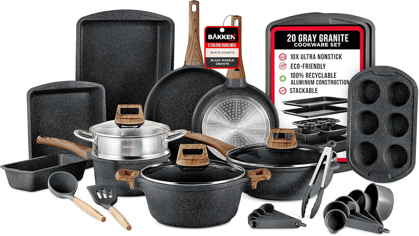 Bakken-Swiss 20-Piece Kitchen Cookware Set – Granite Non-Stick – Eco-Friendly – for All Stoves & Oven-Safe