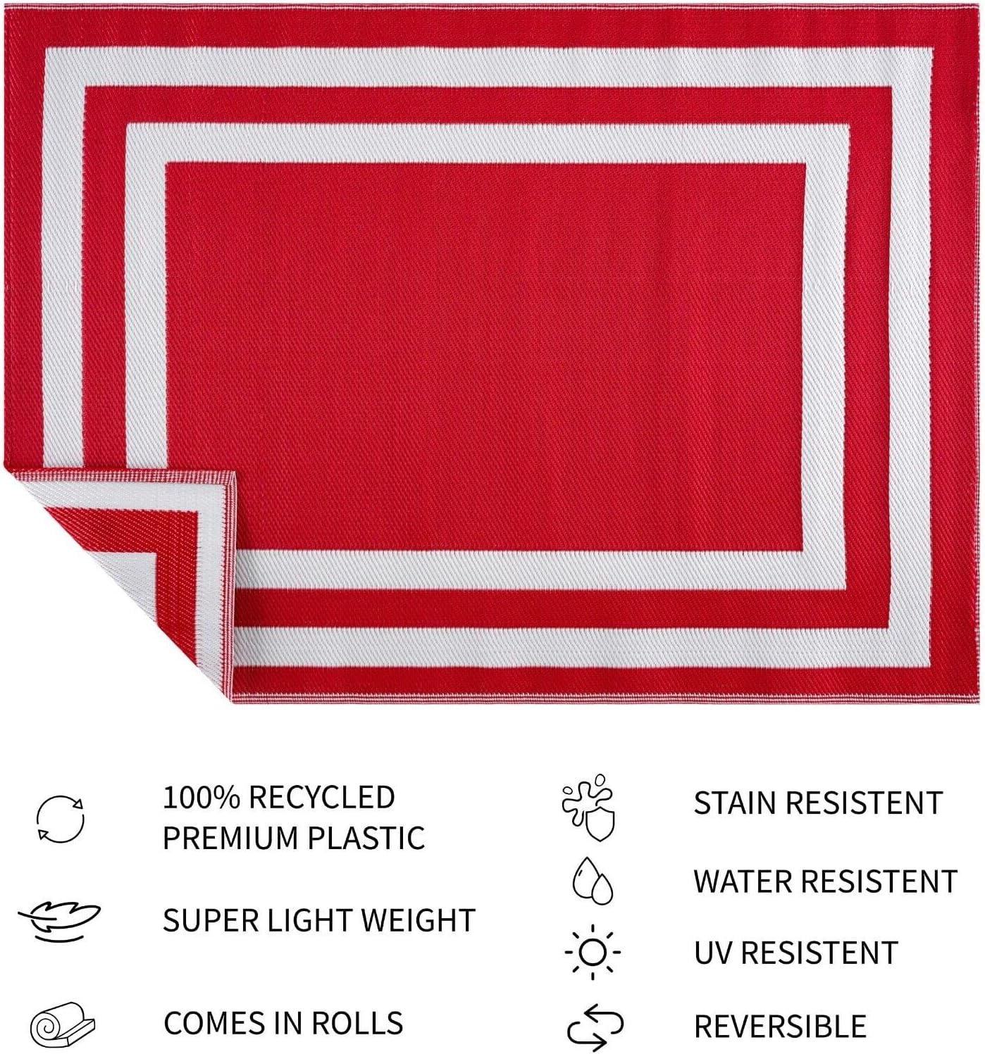 Playa Outdoor Rug - Crease-Free Recycled Plastic Floor Mat for Patio, Camping, Beach, Balcony, Porch, Deck - Weather, Water, Stain, Lightweight, Fade and UV Resistant - Paris- Red & White