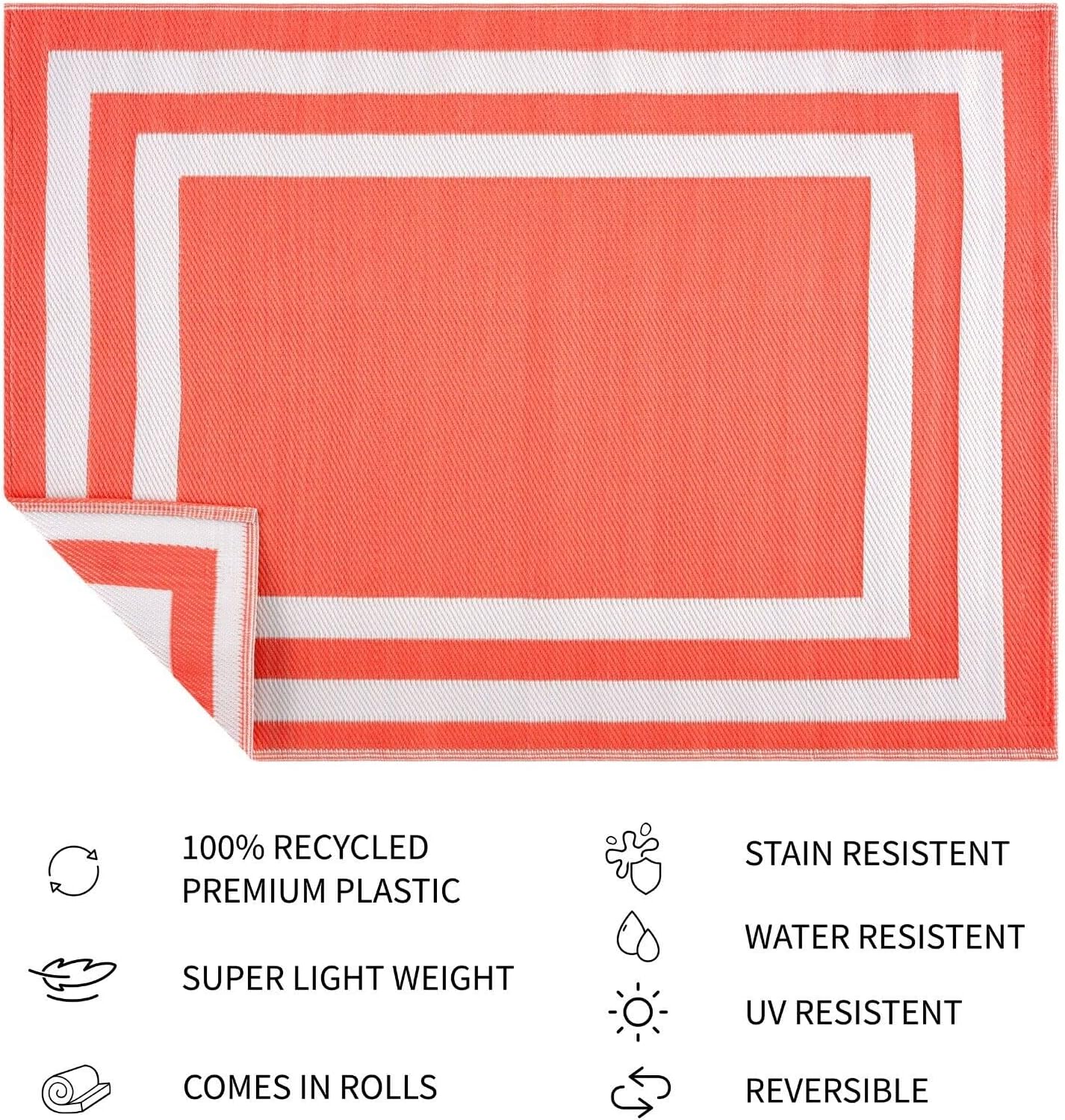 Playa Outdoor Rug - Crease-Free Recycled Plastic Floor Mat for Patio, Camping, Beach, Balcony, Porch, Deck - Weather, Water, Stain, Lightweight, Fade and UV Resistant - Paris- Orange & White