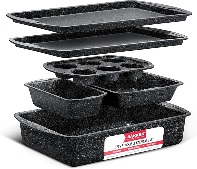 Bakken Swiss - Bakeware Set – 6 Piece – Stackable, Deluxe, Non-Stick Baking Pans for Professional and Home Cooking – Carbon Steel, Gray Stone Coating