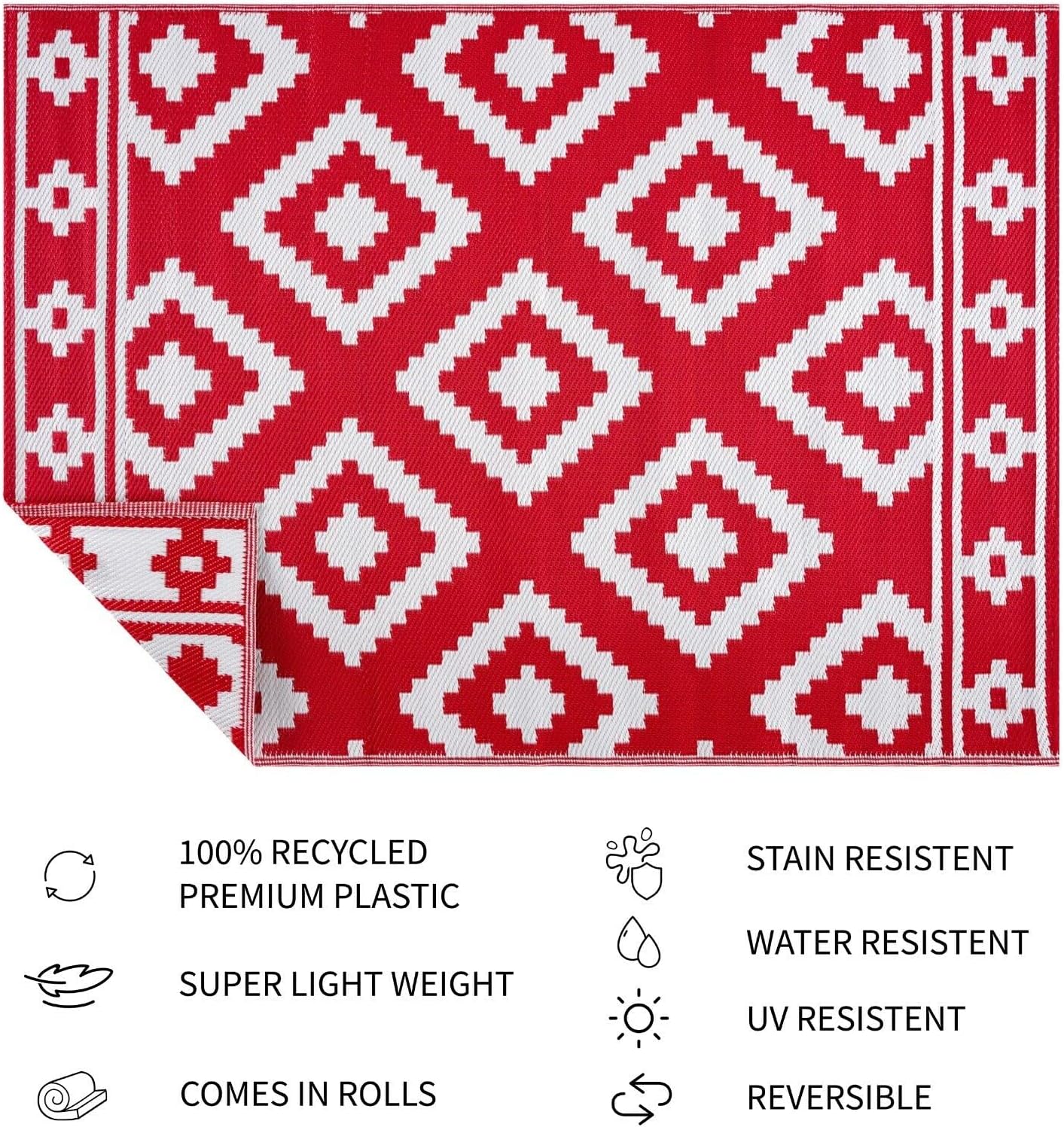 Playa Outdoor Rug - Crease-Free Recycled Plastic Floor Mat for Patio, Camping, Beach, Balcony, Porch, Deck - Weather, Water, Stain, Lightweight, Fade and UV Resistant - Milan- Red & White