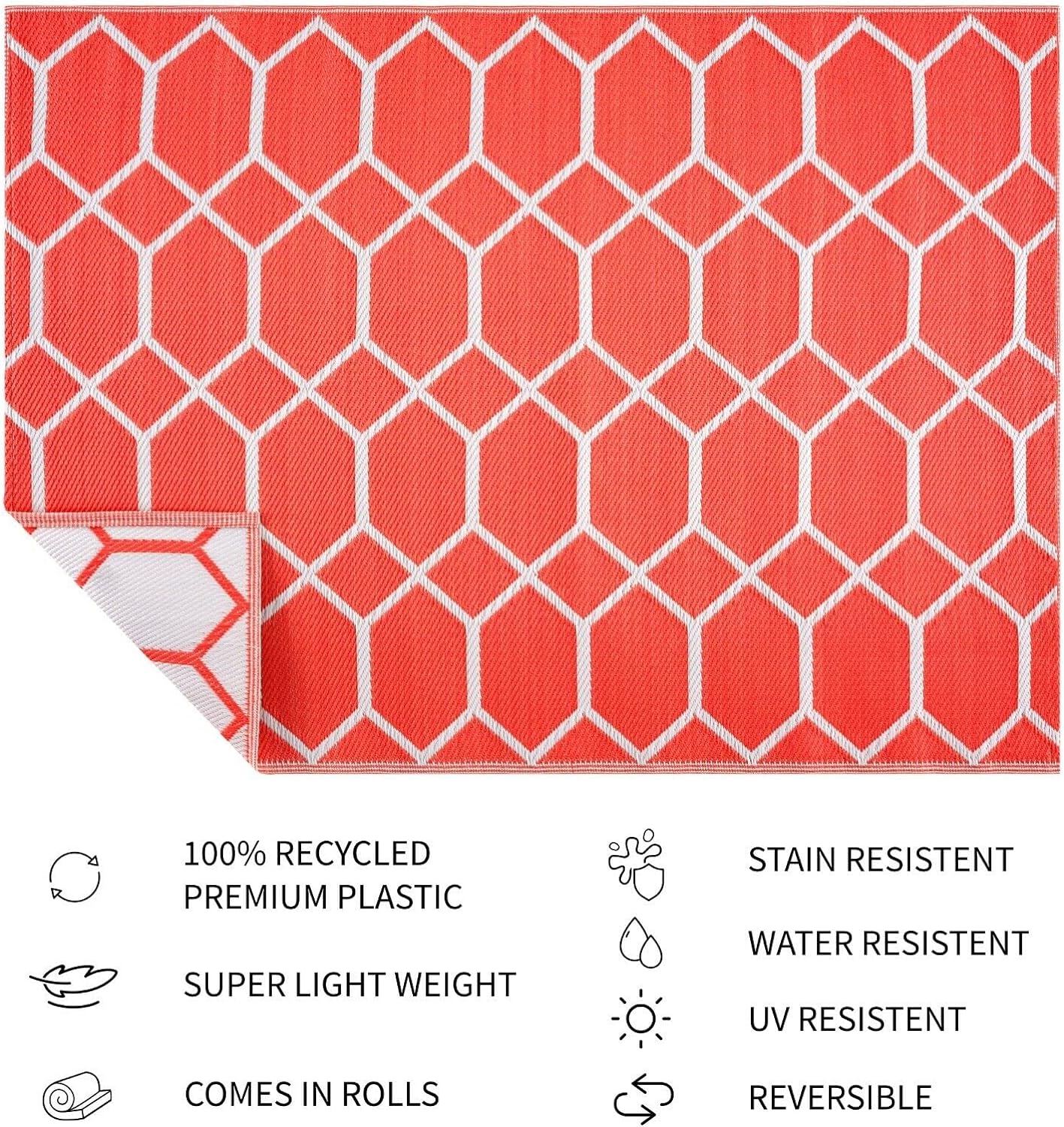 Playa Outdoor Rug - Crease-Free Recycled Plastic Floor Mat for Patio, Camping, Beach, Balcony, Porch, Deck - Weather, Water, Stain, Lightweight, Fade and UV Resistant - Miami- Orange & White