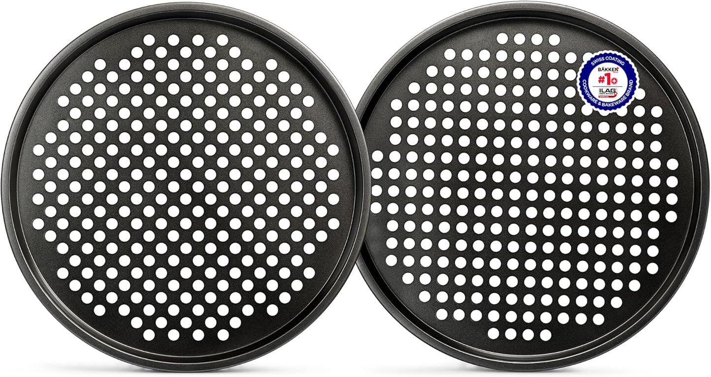 Bakken- Swiss Non-Stick Pizza Pan with Holes - 13-Inch Perforated Pizza Crisper Carbon Steel Pizza Pan - 2 Round Pizza Trays - PFOA PFOS and PTFE Free ,Pack of 2