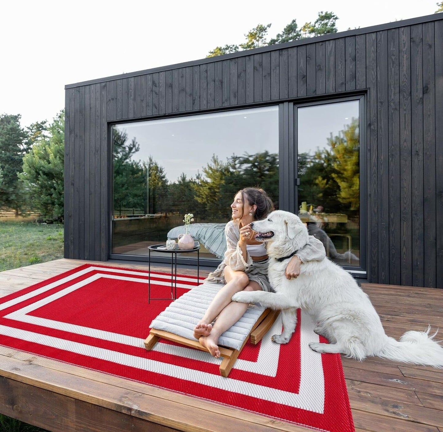 Playa Outdoor Rug - Crease-Free Recycled Plastic Floor Mat for Patio, Camping, Beach, Balcony, Porch, Deck - Weather, Water, Stain, Lightweight, Fade and UV Resistant - Paris- Red & White