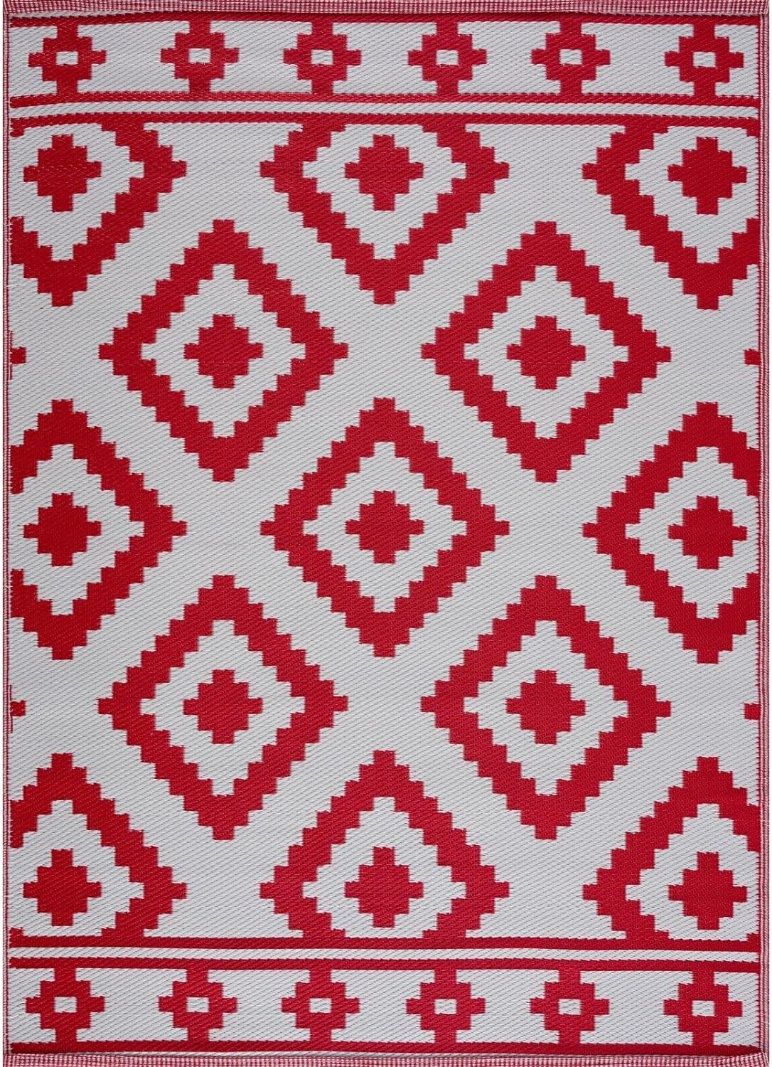 Playa Outdoor Rug - Crease-Free Recycled Plastic Floor Mat for Patio, Camping, Beach, Balcony, Porch, Deck - Weather, Water, Stain, Lightweight, Fade and UV Resistant - Milan- Red & White
