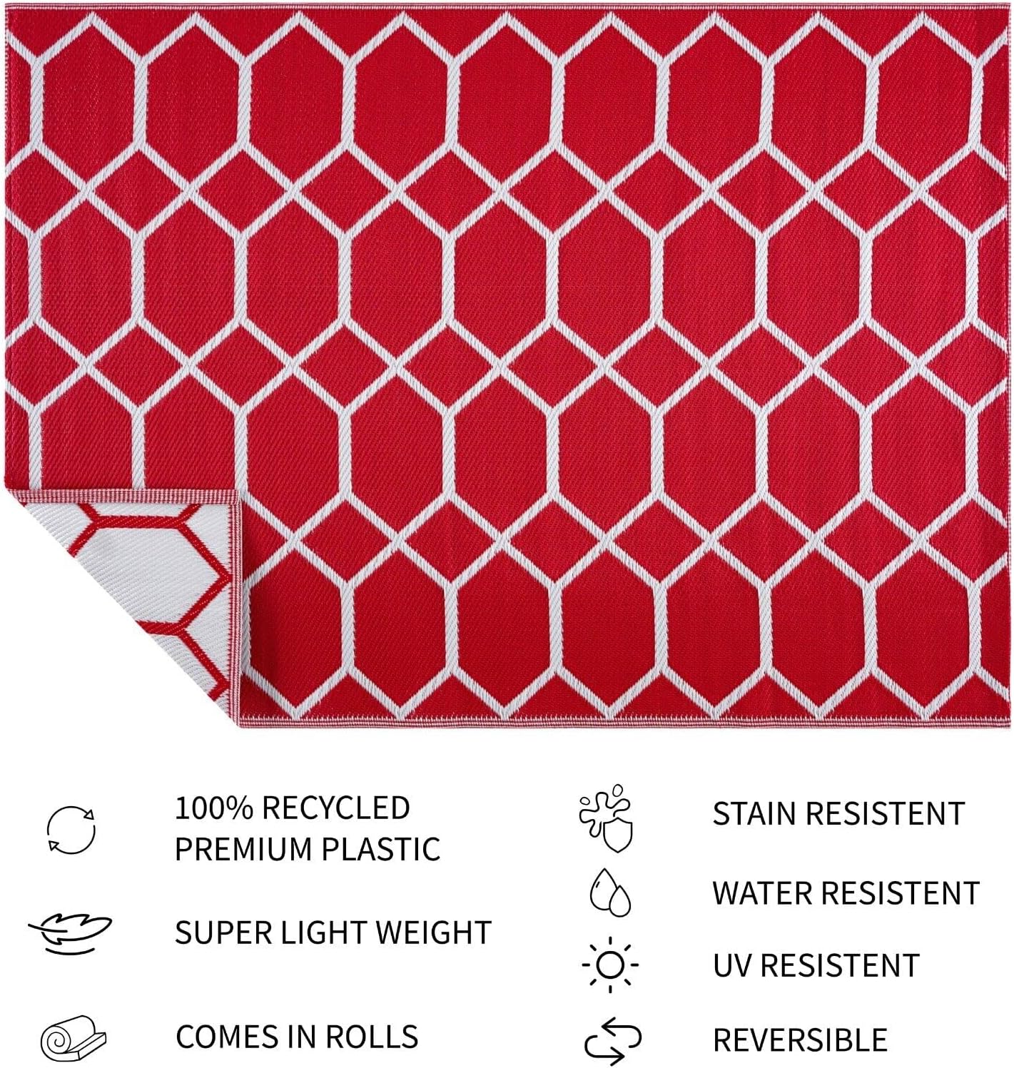 Playa Outdoor Rug - Crease-Free Recycled Plastic Floor Mat for Patio, Camping, Beach, Balcony, Porch, Deck - Weather, Water, Stain, Lightweight, Fade and UV Resistant - Miami- Red & White