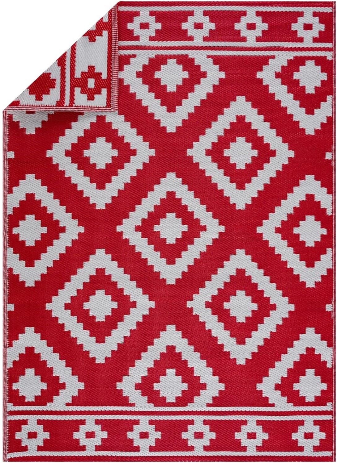 Playa Outdoor Rug - Crease-Free Recycled Plastic Floor Mat for Patio, Camping, Beach, Balcony, Porch, Deck - Weather, Water, Stain, Lightweight, Fade and UV Resistant - Milan- Red & White