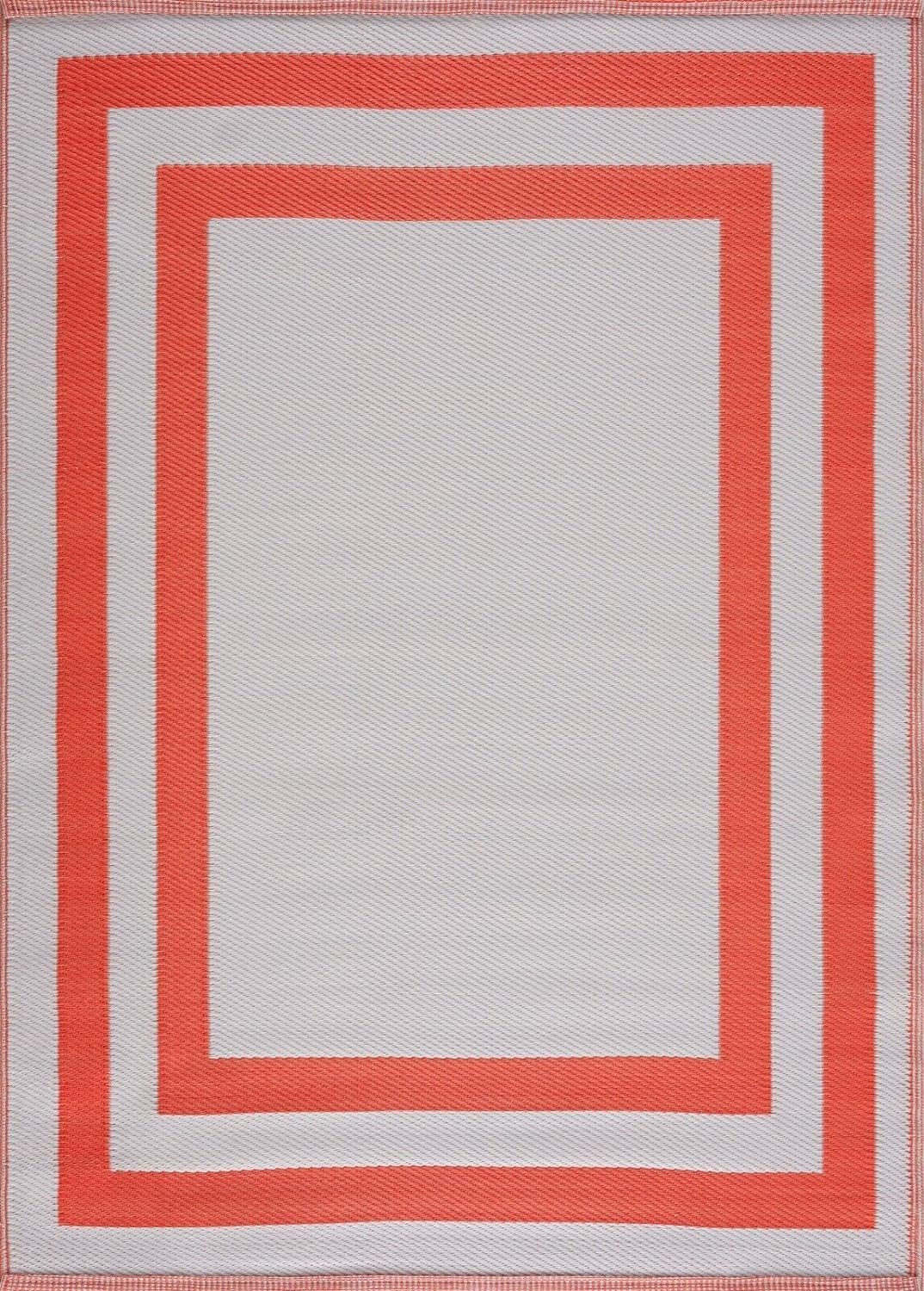 Playa Outdoor Rug - Crease-Free Recycled Plastic Floor Mat for Patio, Camping, Beach, Balcony, Porch, Deck - Weather, Water, Stain, Lightweight, Fade and UV Resistant - Paris- Orange & White