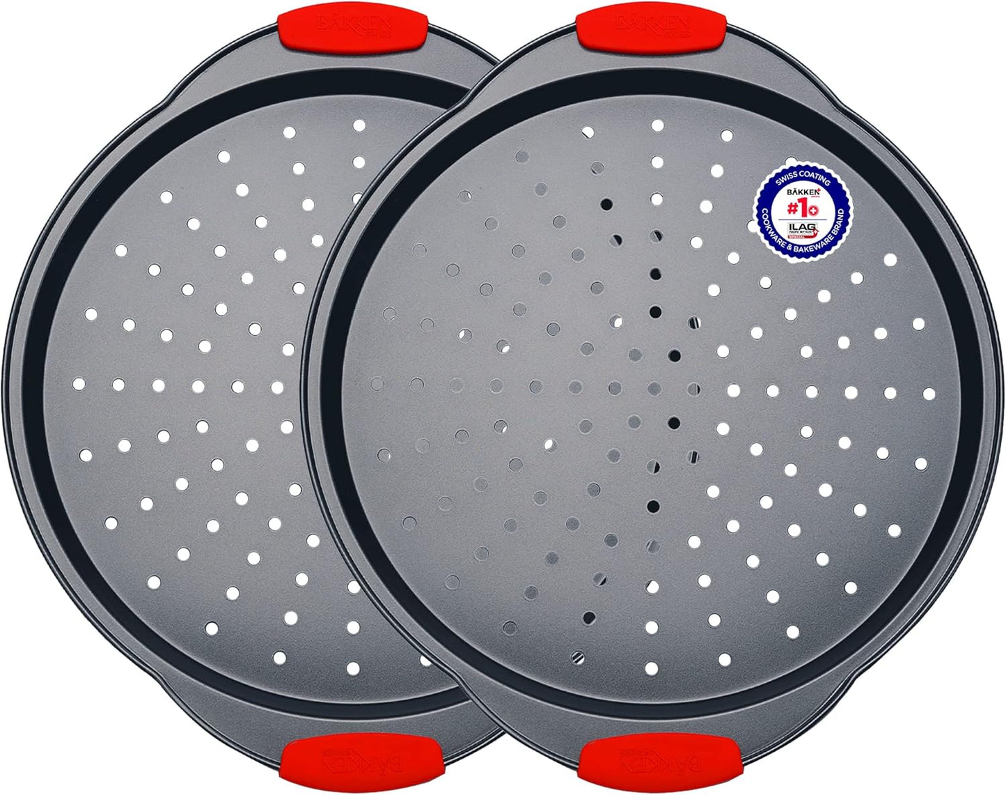 Pizza Tray – 2 Round with Silicone Handles – Carbon Steel Pizza Pan with Holes and Non-Stick Coating – PFOA PFOS and PTFE Free by Bakken