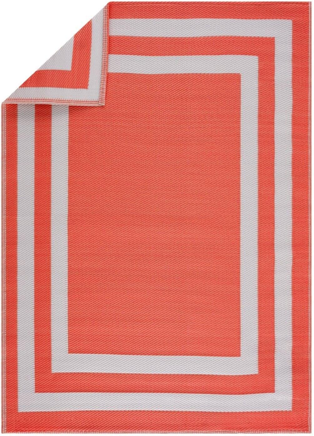 Playa Outdoor Rug - Crease-Free Recycled Plastic Floor Mat for Patio, Camping, Beach, Balcony, Porch, Deck - Weather, Water, Stain, Lightweight, Fade and UV Resistant - Paris- Orange & White