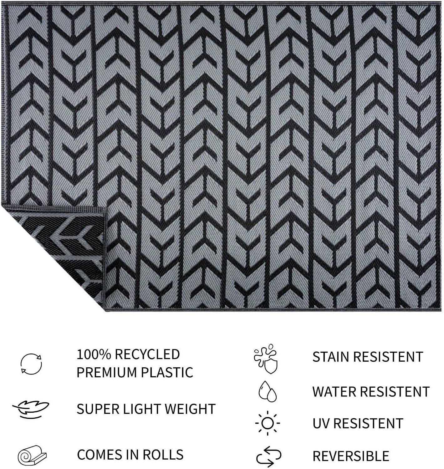 Playa Outdoor Rug - Crease-Free Recycled Plastic Floor Mat for Patio, Camping, Beach, Balcony, Porch, Deck - Weather, Water, Stain, Lightweight, Fade and UV Resistant - Amsterdam- Black & Gray