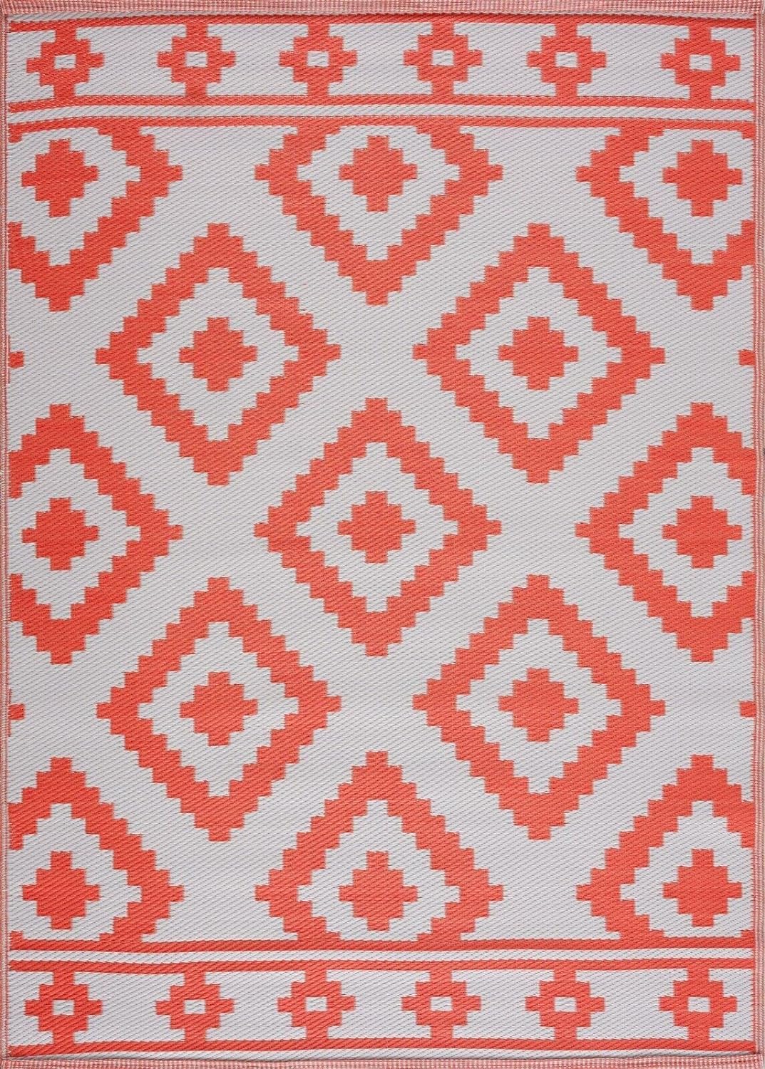 Playa Outdoor Rug - Crease-Free Recycled Plastic Floor Mat for Patio, Camping, Beach, Balcony, Porch, Deck - Weather, Water, Stain, Lightweight, Fade and UV Resistant - Milan- Orange & White