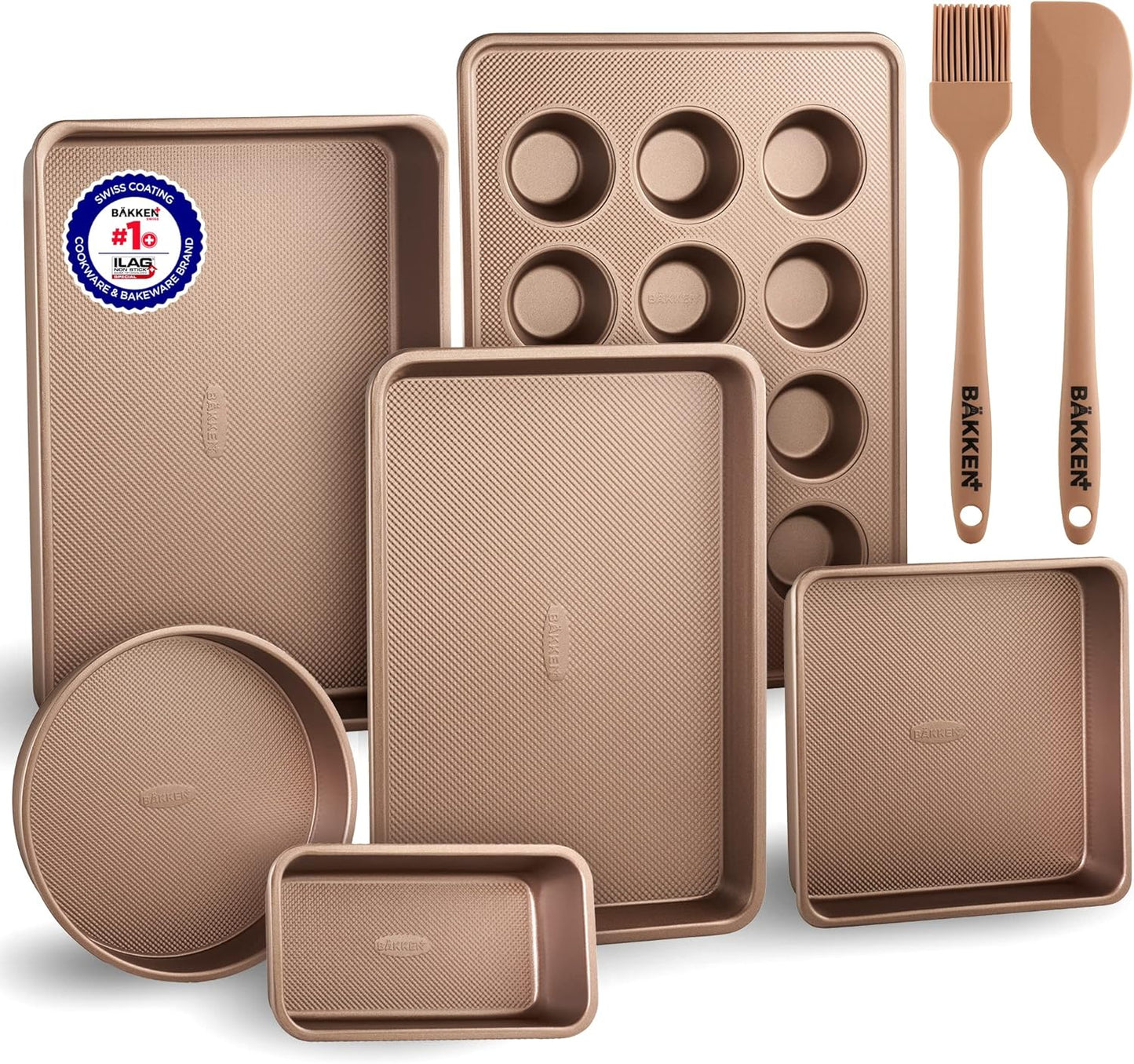 Bakeware Set – 8 Piece – Non-Stick Professional Home Bakeware – Multi Sized Baking Pan Set - Muffin Pan, Loaf Pan and More – Gold