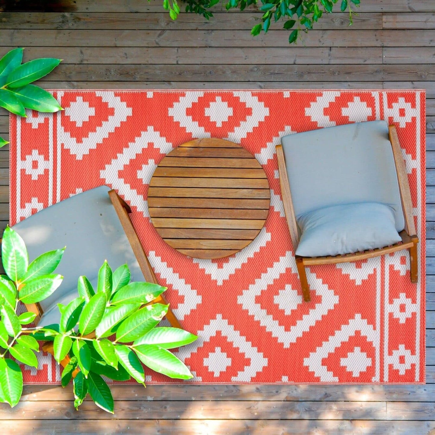 Playa Outdoor Rug - Crease-Free Recycled Plastic Floor Mat for Patio, Camping, Beach, Balcony, Porch, Deck - Weather, Water, Stain, Lightweight, Fade and UV Resistant - Milan- Orange & White