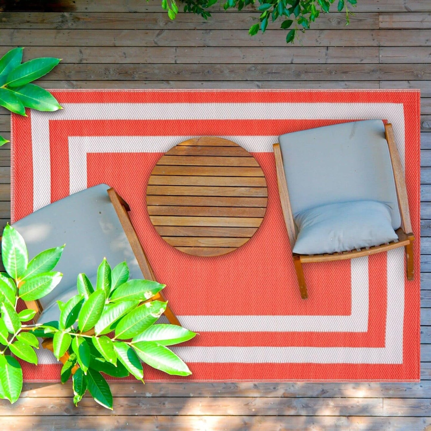Playa Outdoor Rug - Crease-Free Recycled Plastic Floor Mat for Patio, Camping, Beach, Balcony, Porch, Deck - Weather, Water, Stain, Lightweight, Fade and UV Resistant - Paris- Orange & White