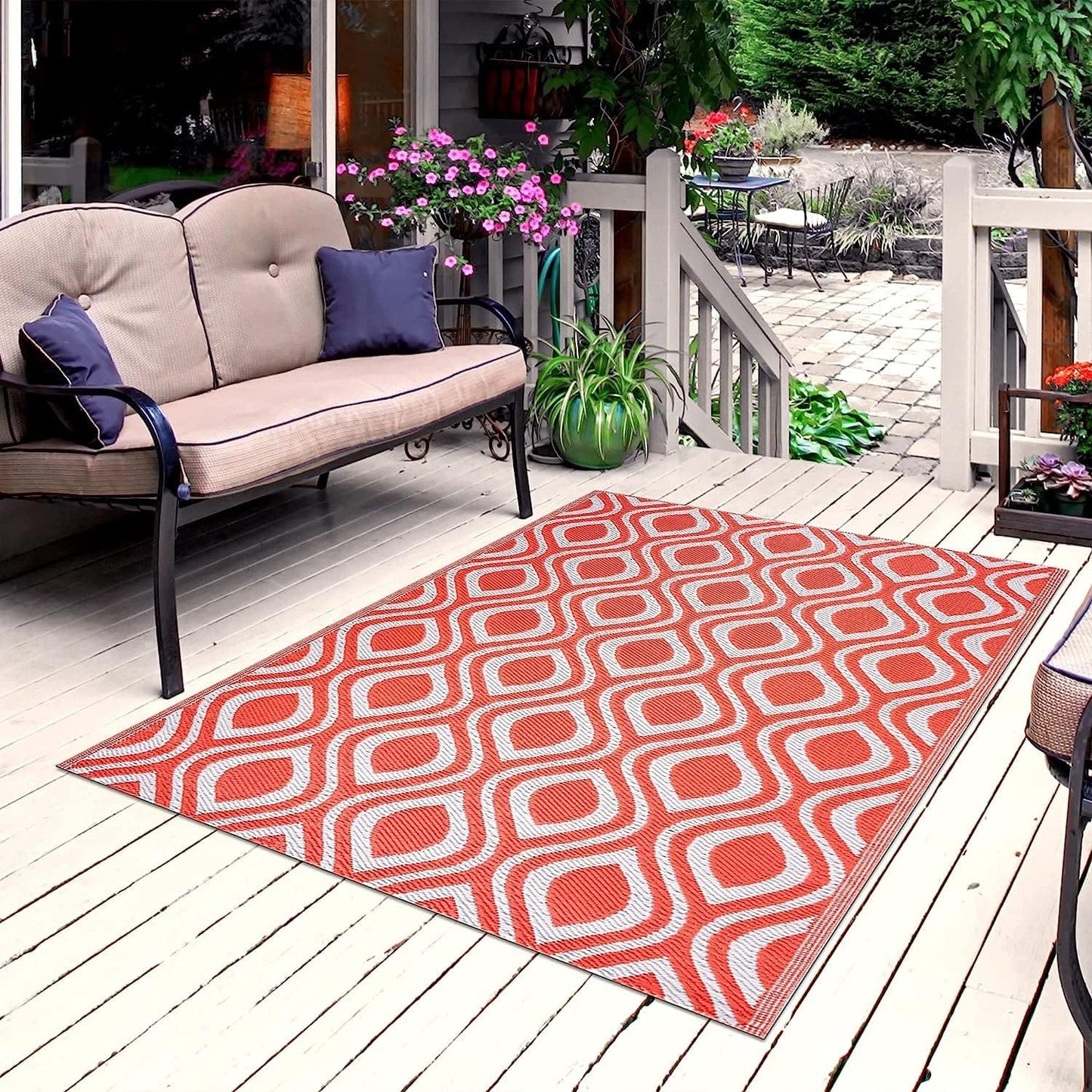 Playa Outdoor Rug - Crease-Free Recycled Plastic Floor Mat for Patio, Camping, Beach, Balcony, Porch, Deck - Weather, Water, Stain, Lightweight, Fade and UV Resistant - Venice- Orange & White