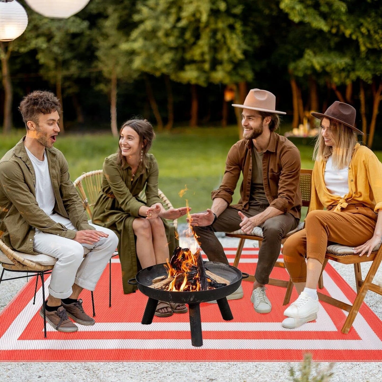 Playa Outdoor Rug - Crease-Free Recycled Plastic Floor Mat for Patio, Camping, Beach, Balcony, Porch, Deck - Weather, Water, Stain, Lightweight, Fade and UV Resistant - Paris- Orange & White