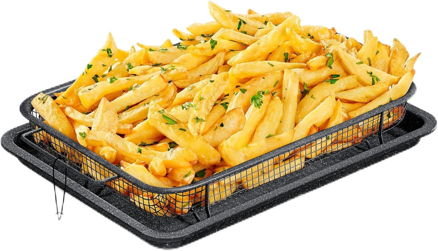 Bakken Swiss Crisper Tray - 2-Piece Set – White Marble, Non-Stick Basket Design for Healthier Cooking in Regular Ovens - Achieve Perfectly Crispy Chips, Bacon and More