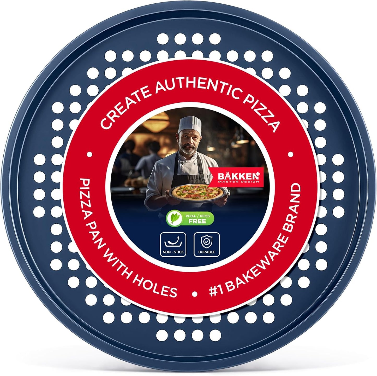 Bakken Pizza Baking Pan - Round Perforated Carbon Steel Pan with Non-Stick Marble Coating, Oversized Silicone Handle, Dishwasher Safe, High-Temperature Resistant, Durable & Easy Cleanup, Pack of 1