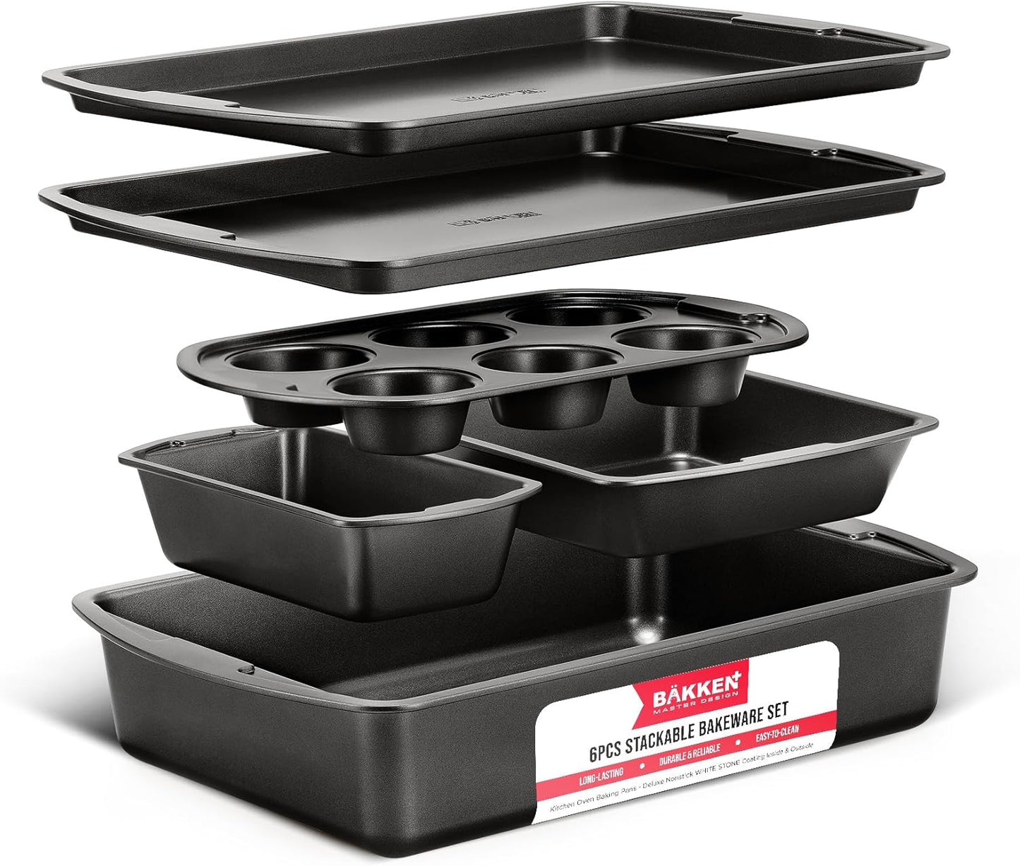 Bakken Swiss - Bakeware Set – 6 Piece – Stackable, Deluxe, Non-Stick Baking Pans for Professional and Home Cooking – Carbon Steel, Gray Coating