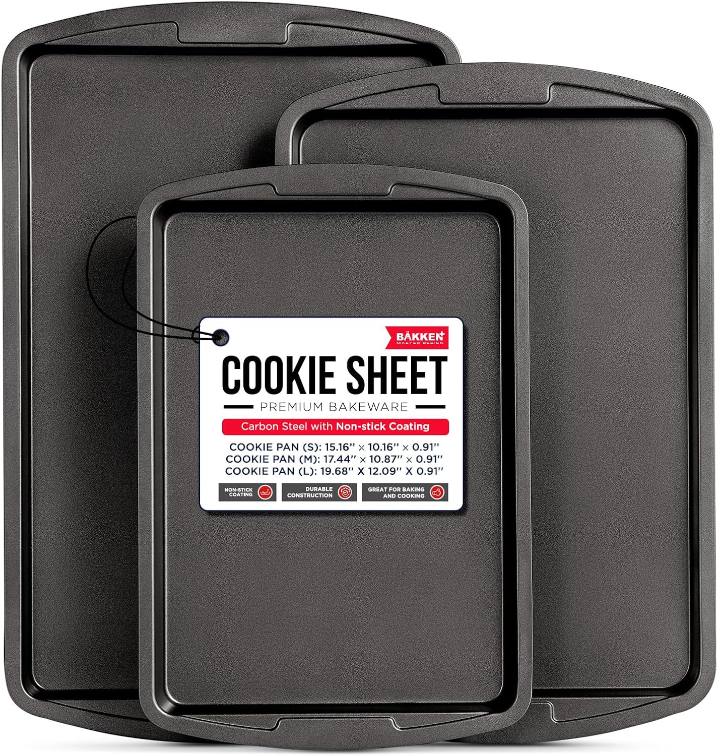 Bakken Swiss Cookie Sheet 3 Piece Set - Non-Stick, Stackable Baking Pans, Gray Deluxe Ceramic Coating – Dishwasher Safe - for Home Baking