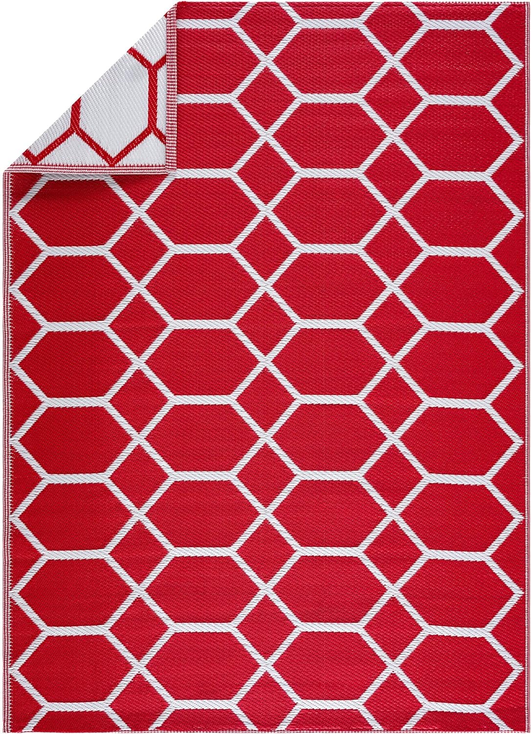 Playa Outdoor Rug - Crease-Free Recycled Plastic Floor Mat for Patio, Camping, Beach, Balcony, Porch, Deck - Weather, Water, Stain, Lightweight, Fade and UV Resistant - Miami- Red & White