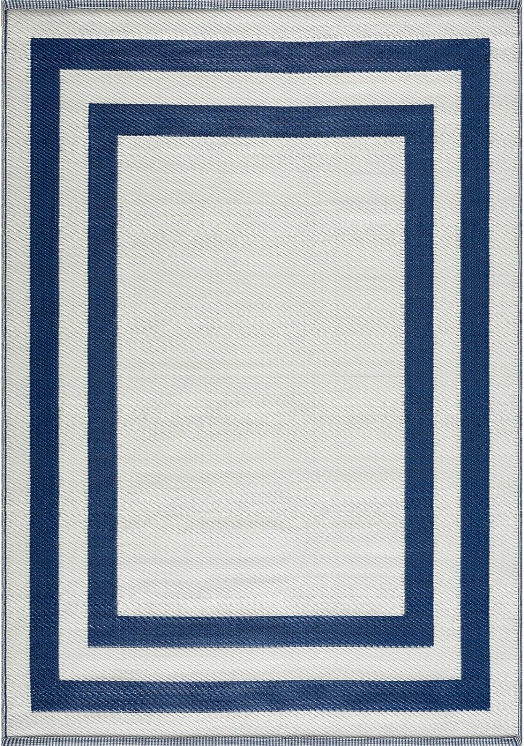 Playa Outdoor Rug - Crease-Free Recycled Plastic Floor Mat for Patio, Camping, Beach, Balcony, Porch, Deck - Weather, Water, Stain, Lightweight, Fade and UV Resistant - Paris- Navy & Creme