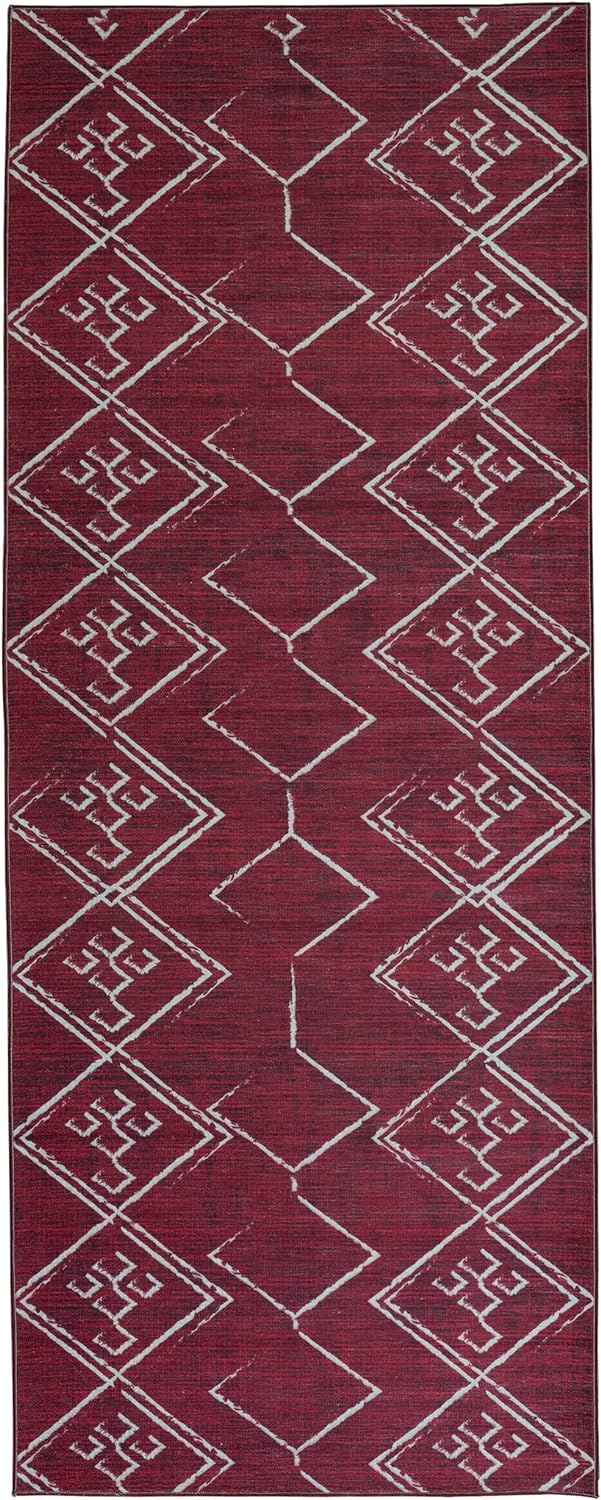 Playa Rug Machine Washable Area Rug With Non Slip Backing - Stain Resistant - Eco Friendly - Family and Pet Friendly - Aspen Tribal Moroccan Bohemian Burgundy&Creme Design