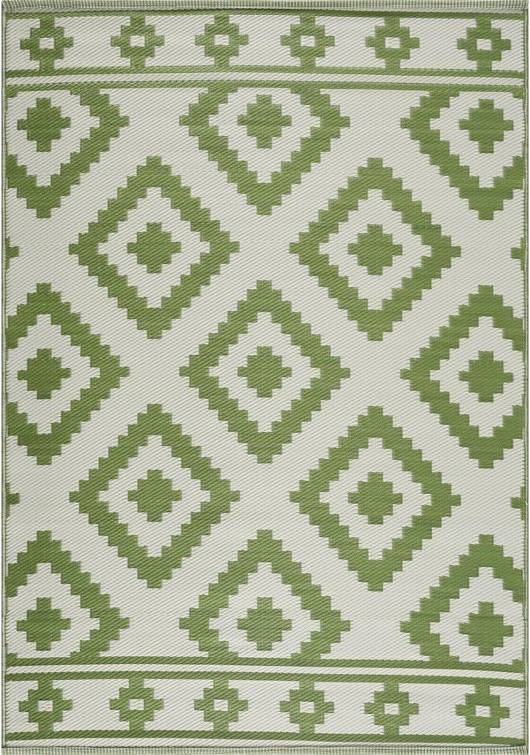 Playa Outdoor Rug - Crease-Free Recycled Plastic Floor Mat for Patio, Camping, Beach, Balcony, Porch, Deck - Weather, Water, Stain, Lightweight, Fade and UV Resistant - Milan- Green & Creme
