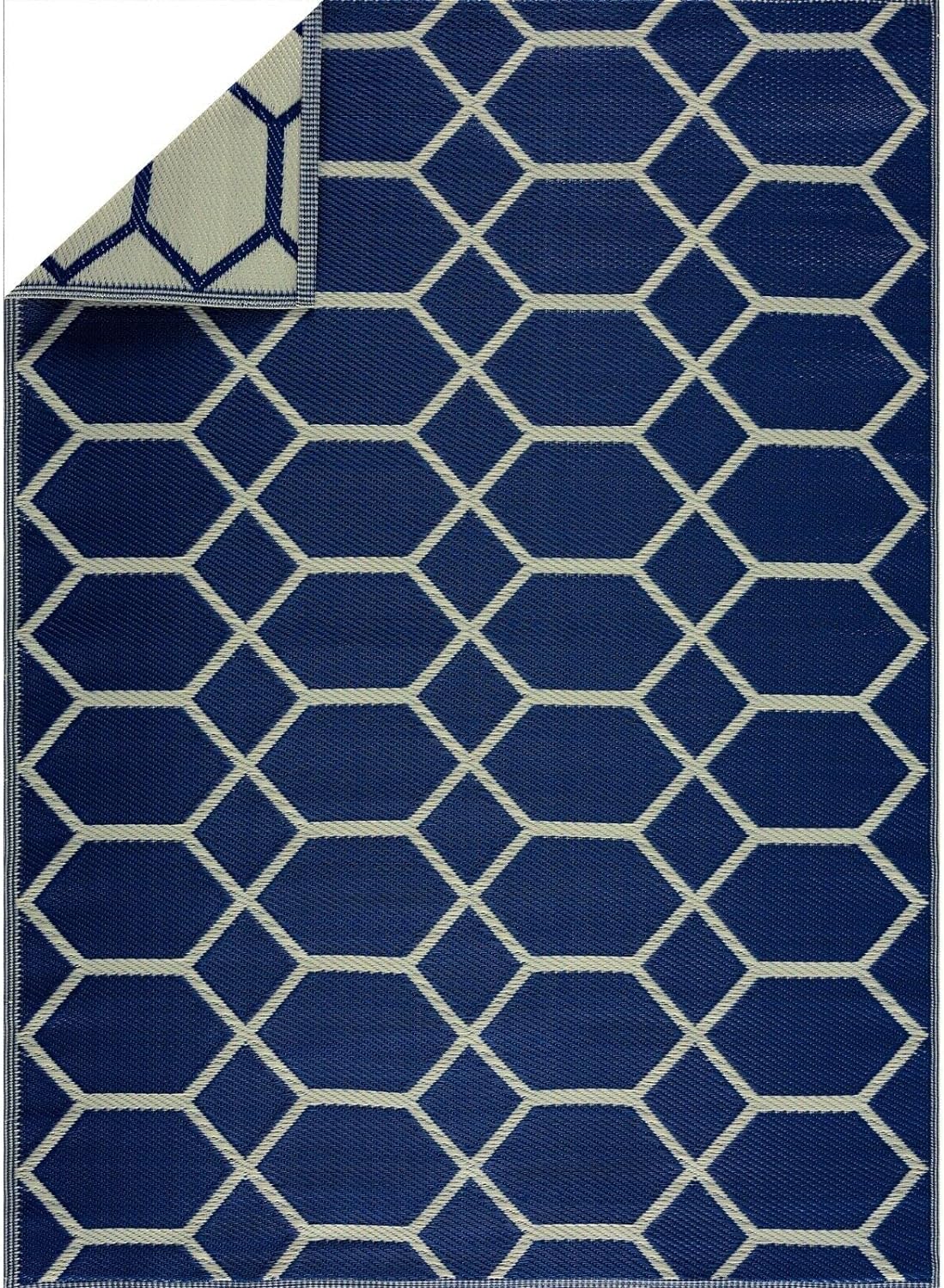 Playa Outdoor Rug - Crease-Free Recycled Plastic Floor Mat for Patio, Camping, Beach, Balcony, Porch, Deck - Weather, Water, Stain, Lightweight, Fade and UV Resistant - Miami- Navy & Creme