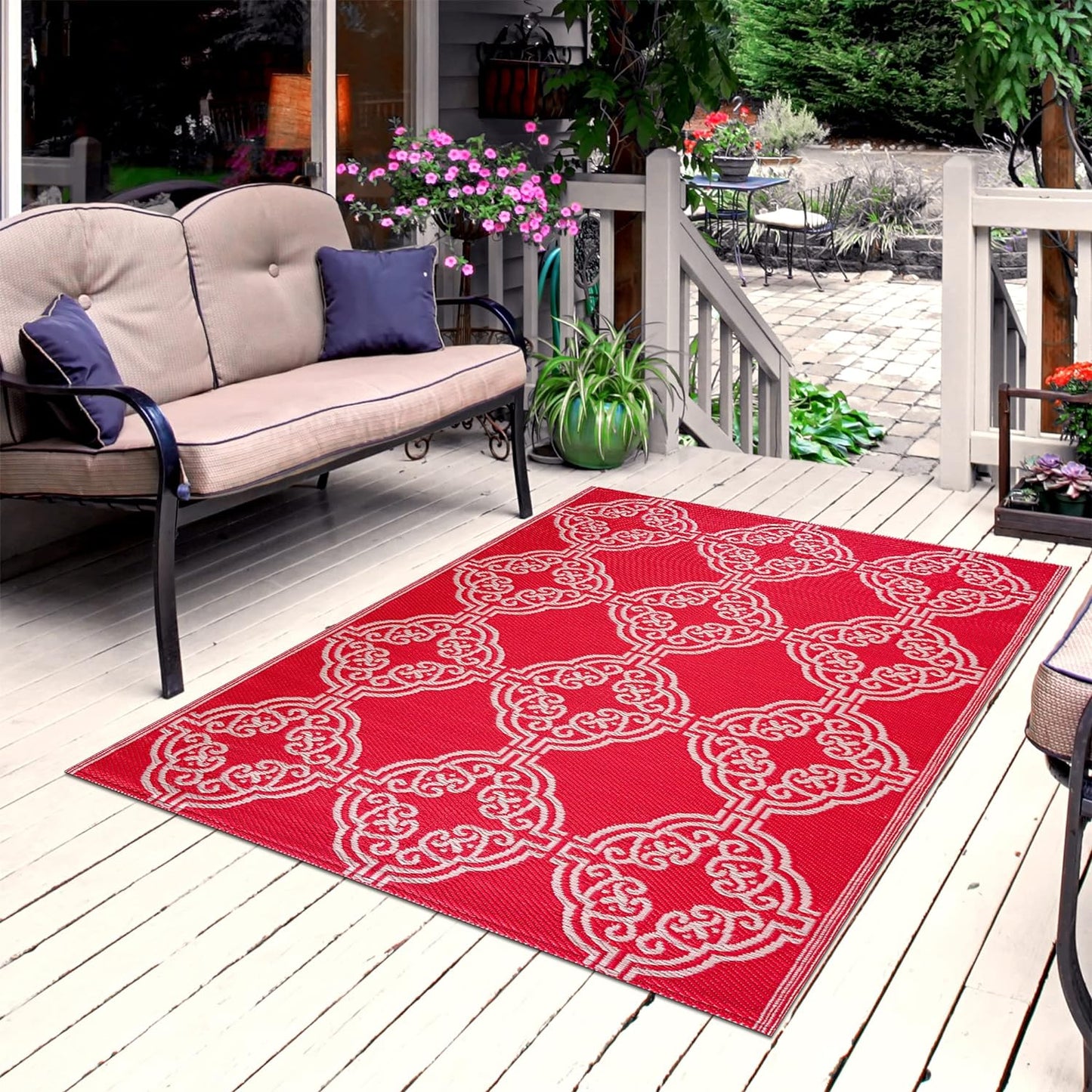 Playa Outdoor Rug - Crease-Free Recycled Plastic Floor Mat for Patio, Camping, Beach, Balcony, Porch, Deck - Weather, Water, Stain, Lightweight, Fade and UV Resistant - Marrakesh- Red & White