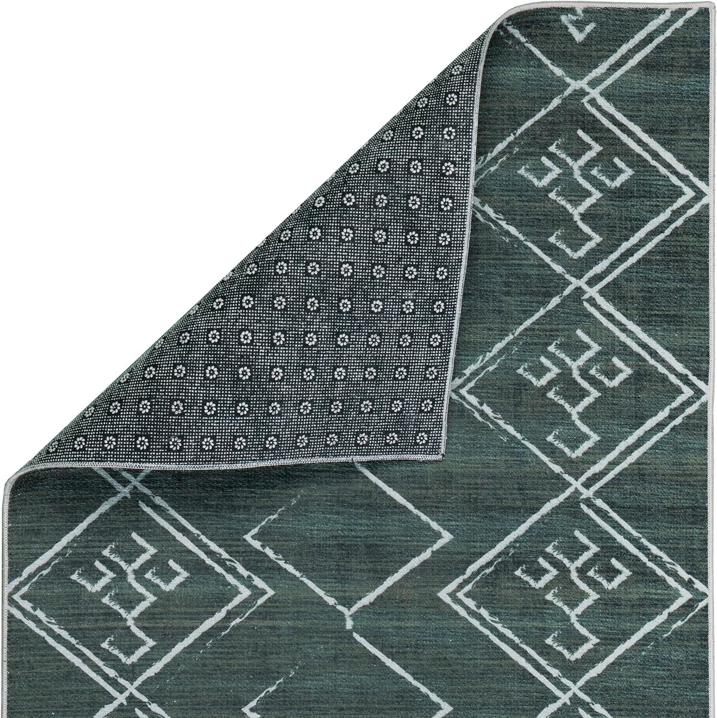 Playa Rug Machine Washable Area Rug With Non Slip Backing - Stain Resistant - Eco Friendly - Family and Pet Friendly - Aspen Tribal Moroccan Bohemian Green&Creme Design