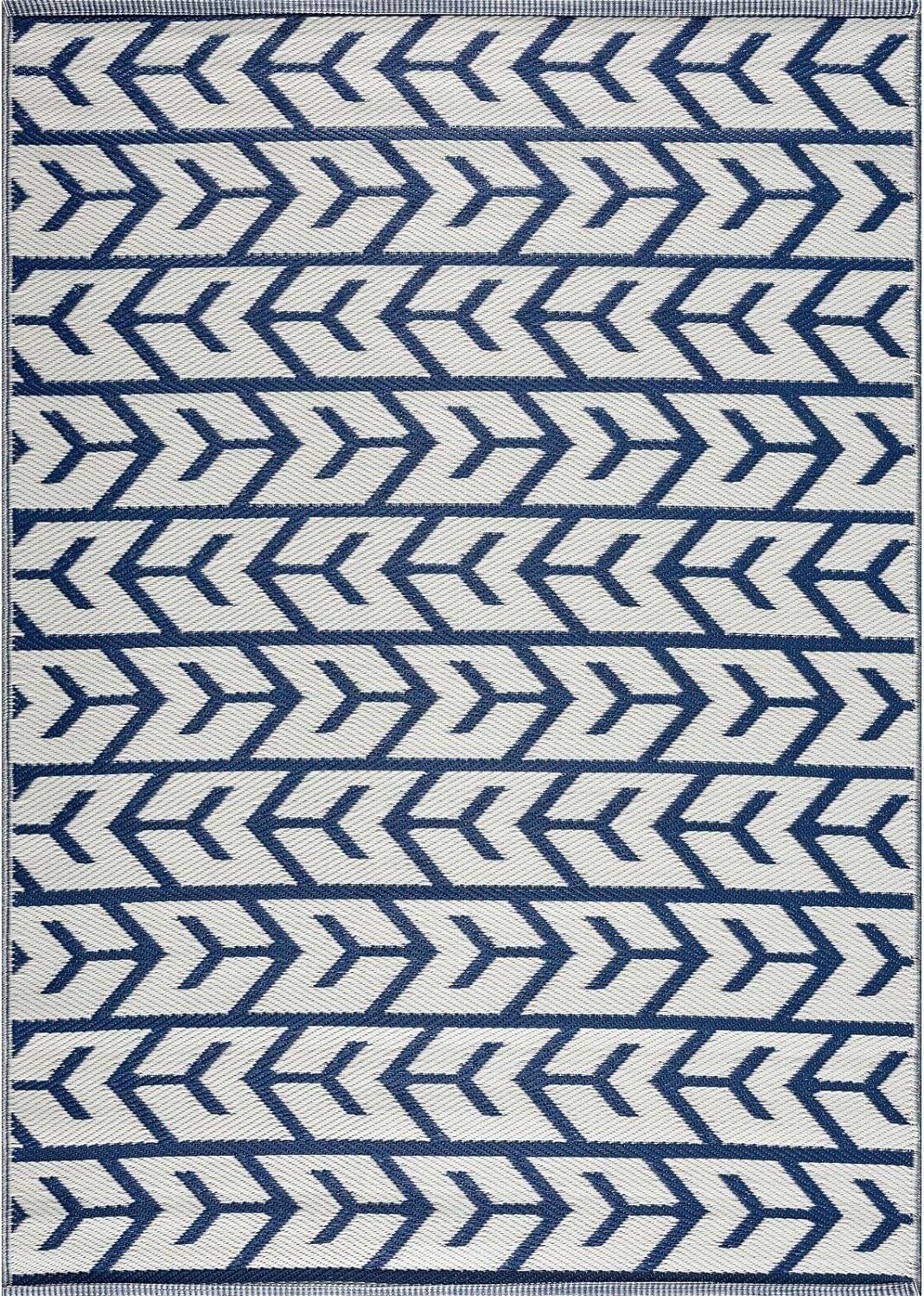 Playa Outdoor Rug - Crease-Free Recycled Plastic Floor Mat for Patio, Camping, Beach, Balcony, Porch, Deck - Weather, Water, Stain, Lightweight, Fade and UV Resistant - Amsterdam- Navy & Creme