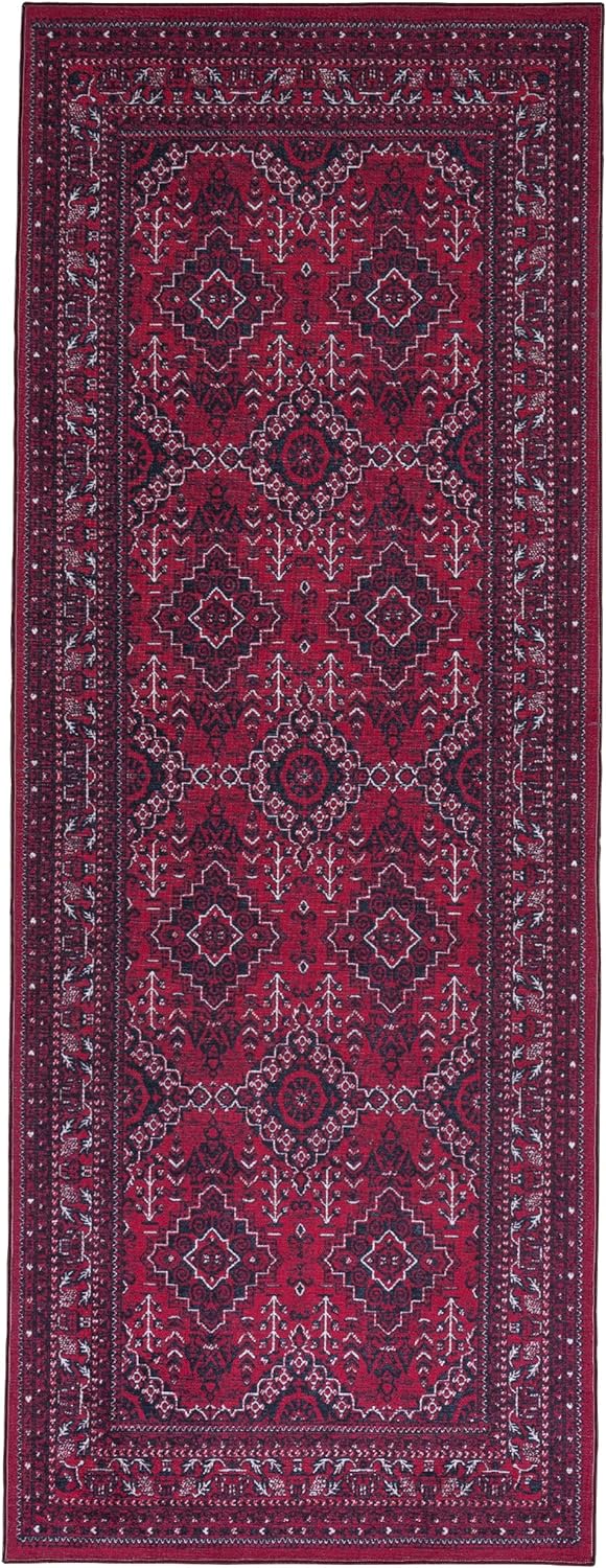 Playa Rug Machine Washable Area Rug With Non Slip Backing - Stain Resistant - Eco Friendly - Family and Pet Friendly - Denali Turkoman Bokhara Oriental Burgundy Design