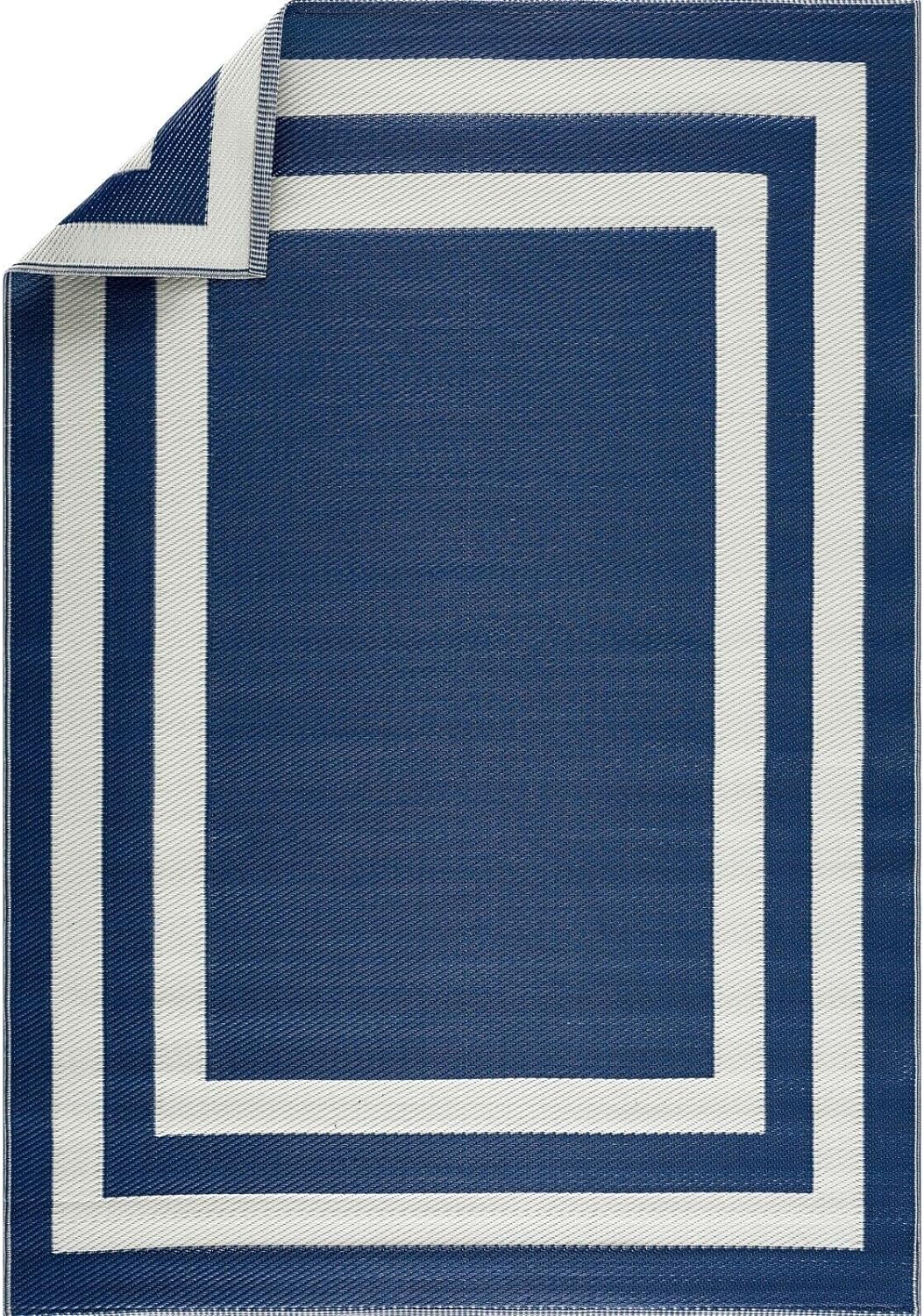 Playa Outdoor Rug - Crease-Free Recycled Plastic Floor Mat for Patio, Camping, Beach, Balcony, Porch, Deck - Weather, Water, Stain, Lightweight, Fade and UV Resistant - Paris- Navy & Creme
