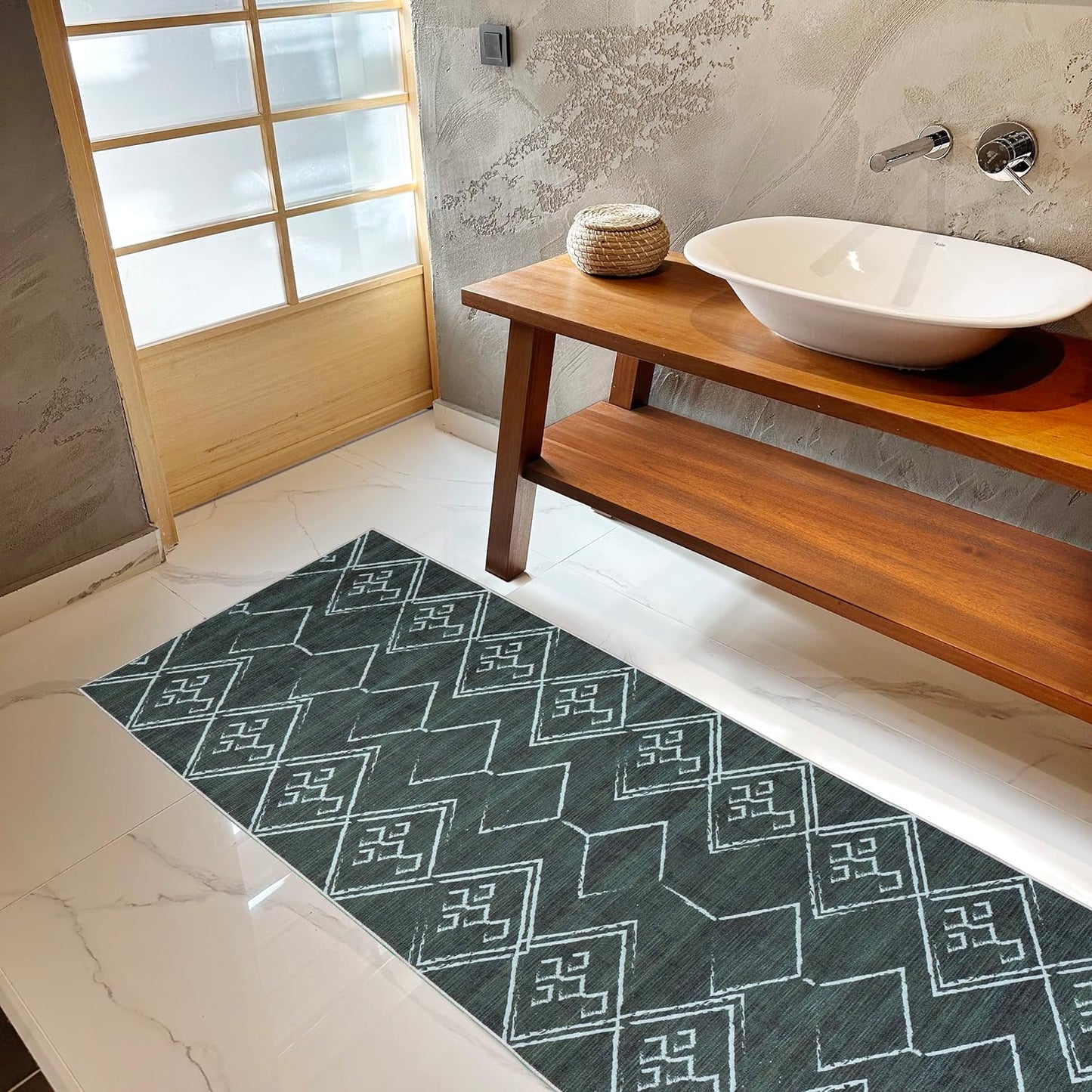 Playa Rug Machine Washable Area Rug With Non Slip Backing - Stain Resistant - Eco Friendly - Family and Pet Friendly - Aspen Tribal Moroccan Bohemian Green&Creme Design
