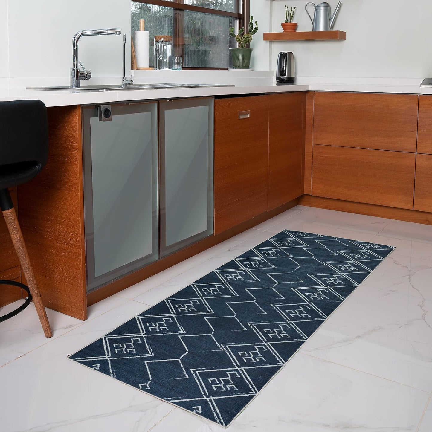 Playa Rug Machine Washable Area Rug With Non Slip Backing - Stain Resistant - Eco Friendly - Family and Pet Friendly - Aspen Tribal Moroccan Bohemian Navy&Creme Design