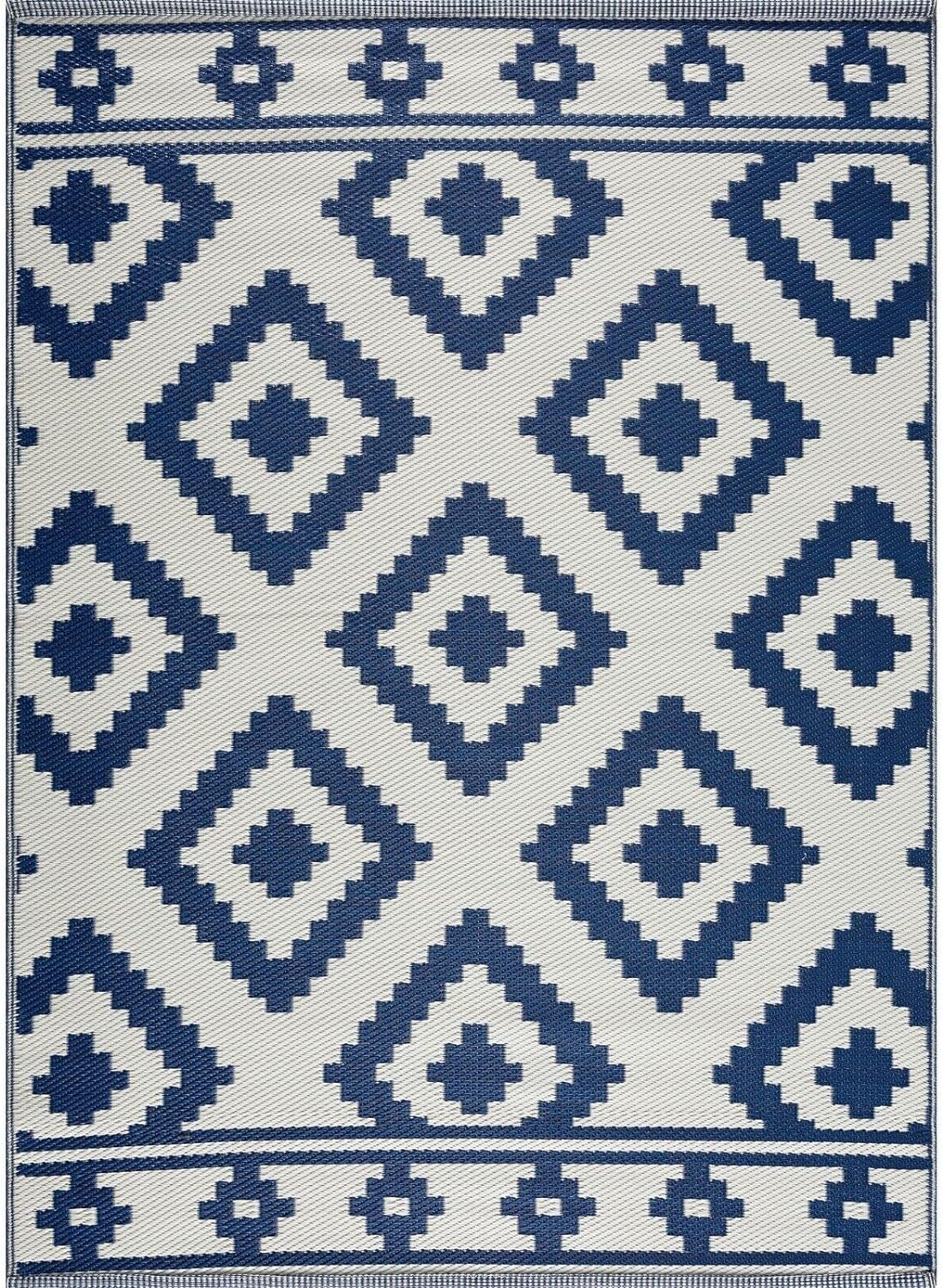 Playa Outdoor Rug - Crease-Free Recycled Plastic Floor Mat for Patio, Camping, Beach, Balcony, Porch, Deck - Weather, Water, Stain, Lightweight, Fade and UV Resistant - Milan- Navy & Creme