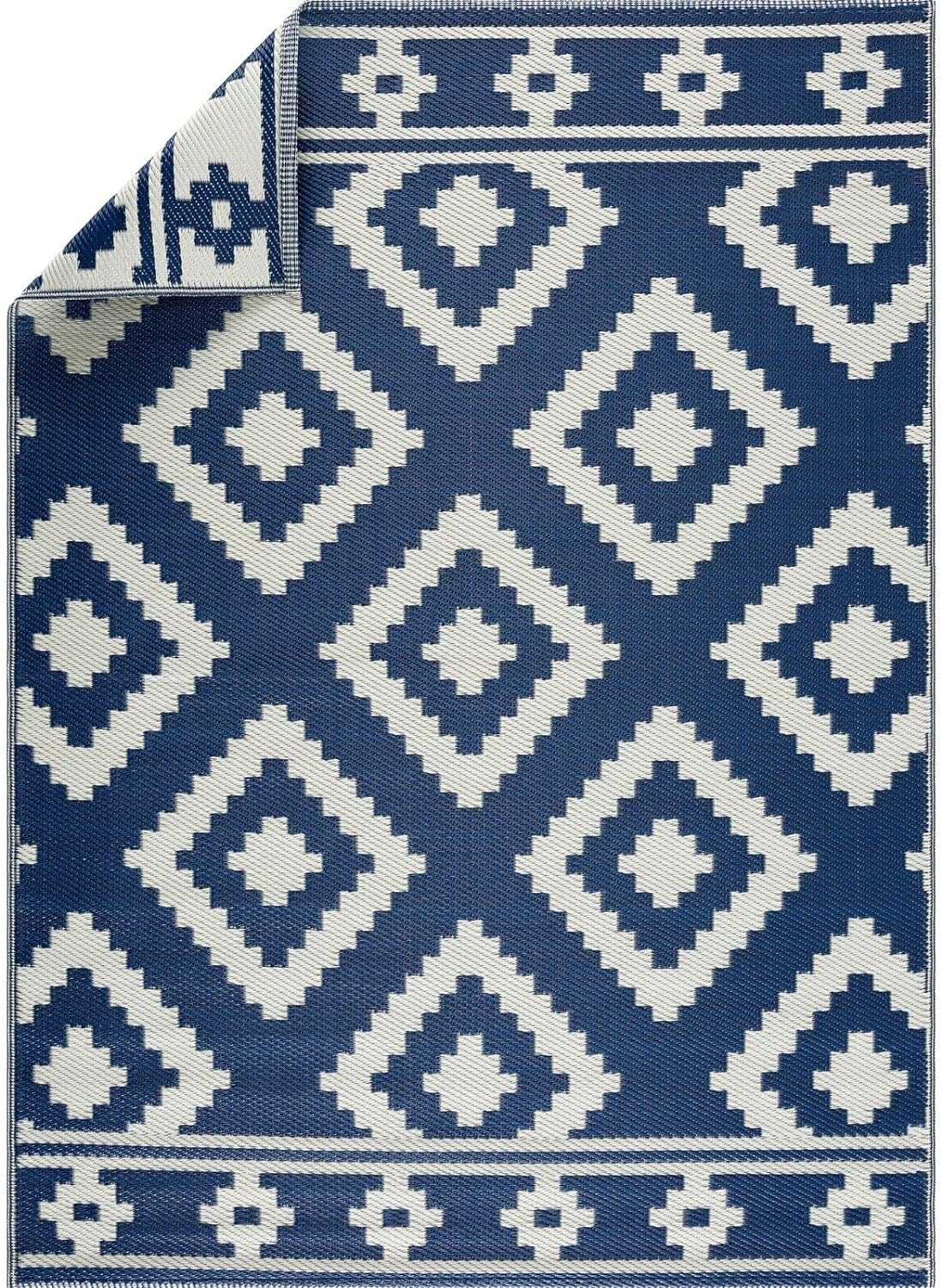 Playa Outdoor Rug - Crease-Free Recycled Plastic Floor Mat for Patio, Camping, Beach, Balcony, Porch, Deck - Weather, Water, Stain, Lightweight, Fade and UV Resistant - Milan- Navy & Creme